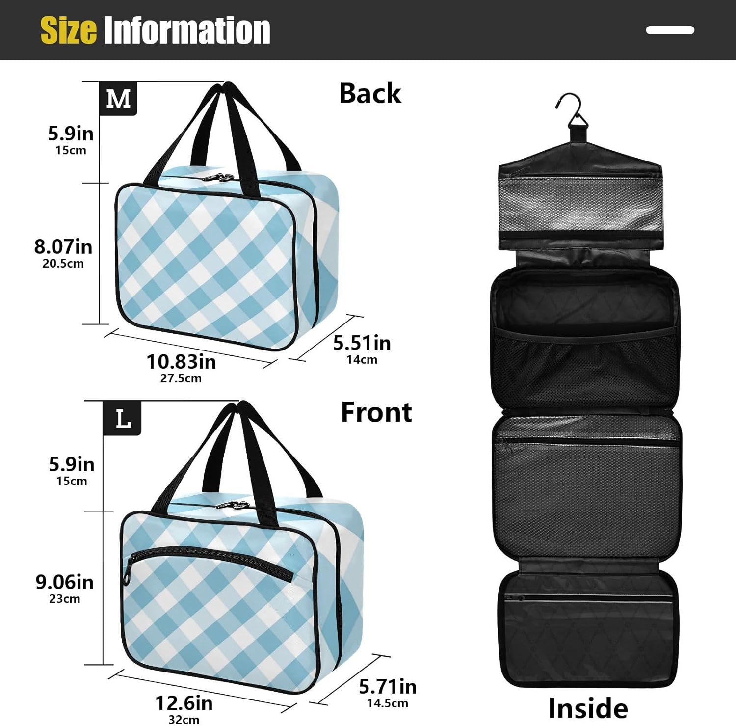 Blue and White Twill Hanging Travel Toiletry kit with Hook, Designer Essentials Hanging Toiletry Bag for Accessories for Women Toilet estuche para maquillaje L