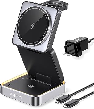 2026 Upgraded Magnetic Wireless Charger 3 in 1, Travel Foldable Wireless Charging Station with Night Light for Apple MagSafe Charger, Nightstand Fast 15W Charging Station 20W Adapter