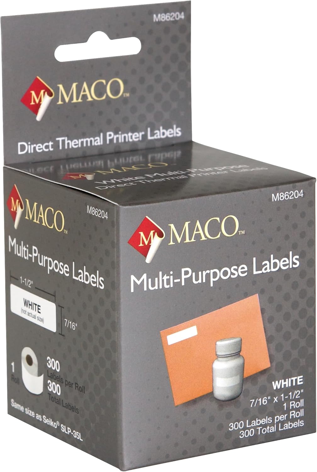 MACO Direct Thermal Printer White Multi-Purpose Labels, 7/16 x 1-1/2 Inches, 300 Per Roll, 1 Roll (M86204)