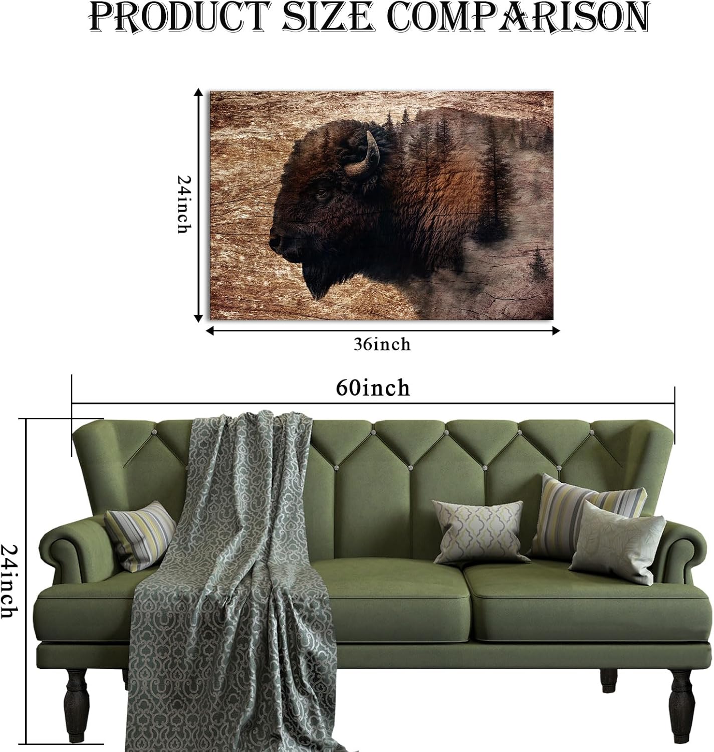 VANSEEING Bison Wall Art Canvas Print Double Exposure Buffalo Mountain Forest Animals Wildlife Artwork Painting Rustic Sepia Brown Farmhouse Wall Decor for Living Room Bedroom Office 24"x36"