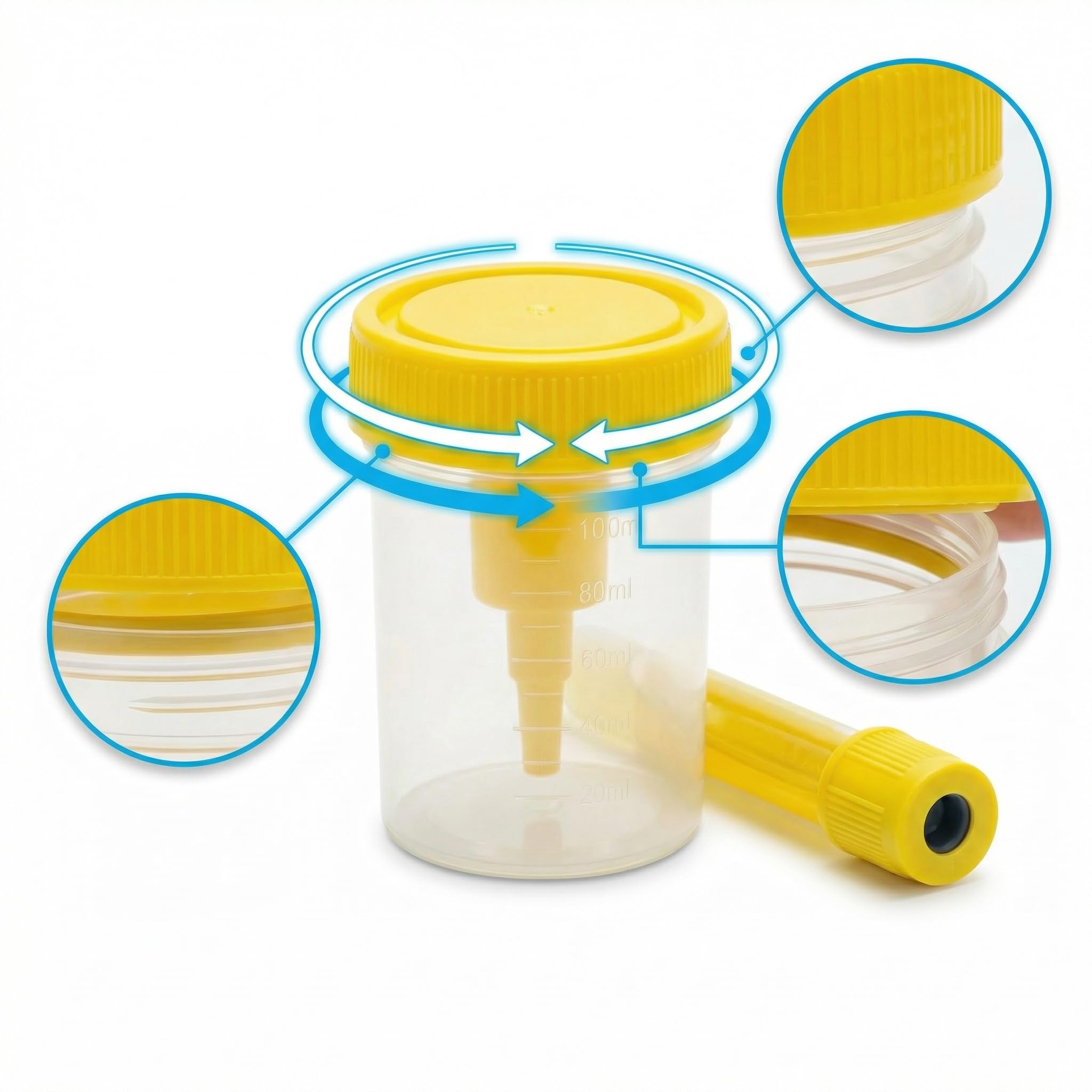KMINA Kit de Prélèvement d'Urine sous Vide (150 unités), Flacon de 100 ml avec Graduation et Tube sous Vide de 9 ml, Système Clos et Hygiénique