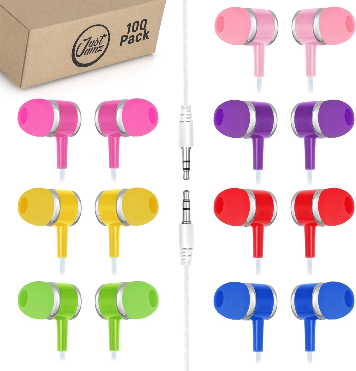 JustJamz 200-Pack Bulk Wired Earbuds: 100 Black Dot Disposable Earphones + 100 Multicolored Marble Wired Earbuds with Silicone Tips | in-Ear Headphones for Schools, Classrooms, Libraries, and Events