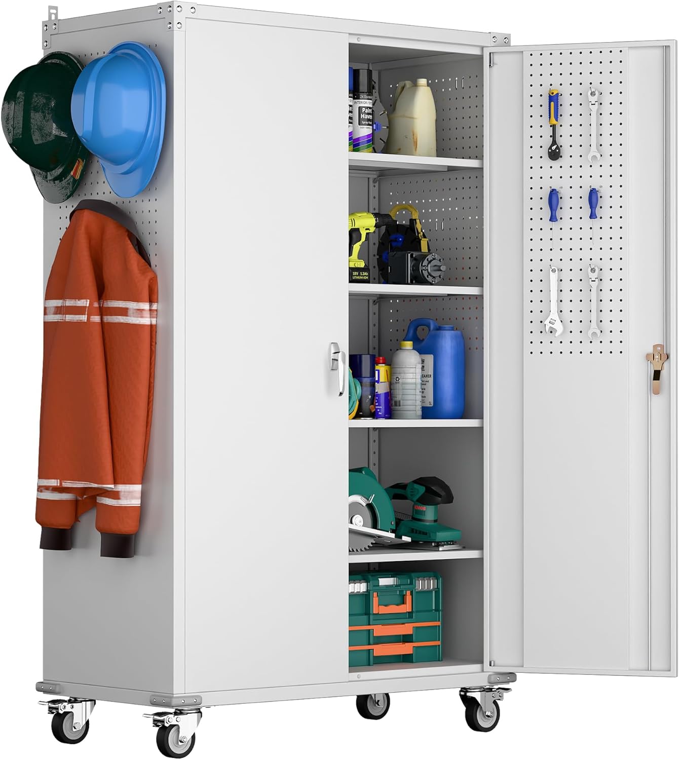 Aobabo White Metal Garage Cabinet with Wheels, 43.3W x 21.9D x 72H