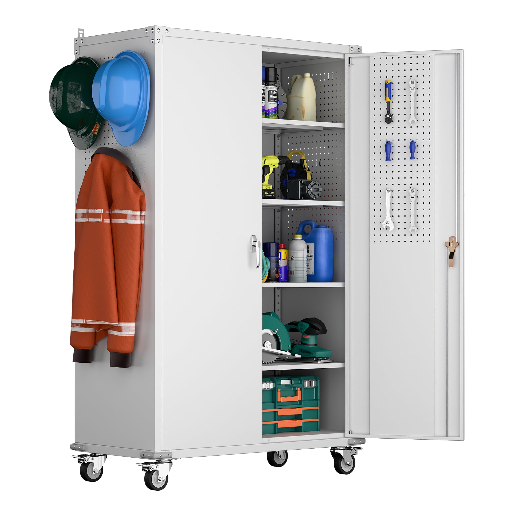 Aobabo Extra Large Garage Storage Cabinet on Wheels, Metal Storage Cabinet with 4 Shelves, 3 Pegboards and 2 Tool Pouches for Home Office Stash, Assembly Required, (White,43.3''W x 21.9''D x 72''H)