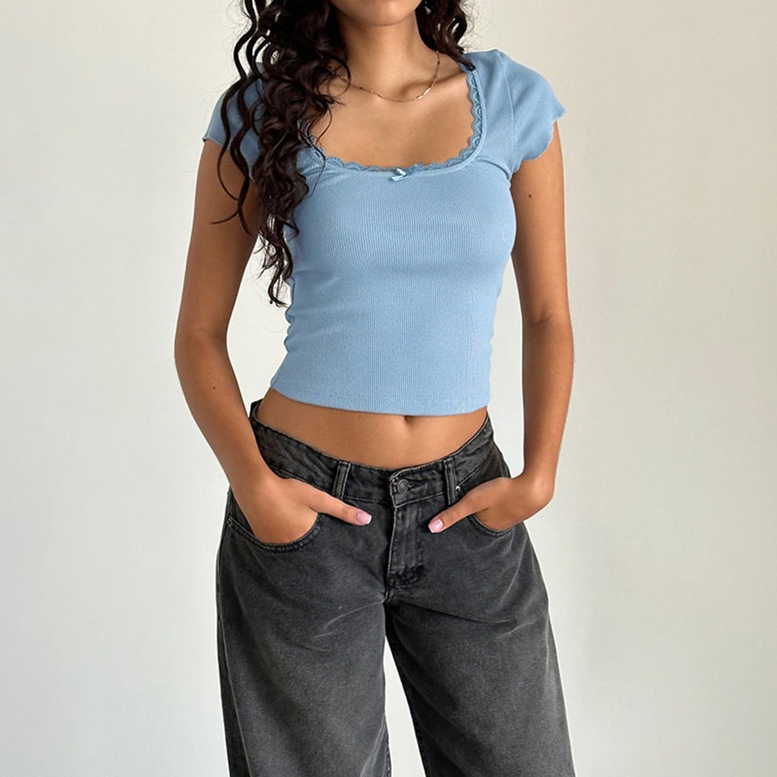 Womens E-Girls Short Sleeve T-Shirt Y2k Lace Trim Crop Tops Crewneck Fairy Grunge Tee Tops Aesthetic Summer Clothes