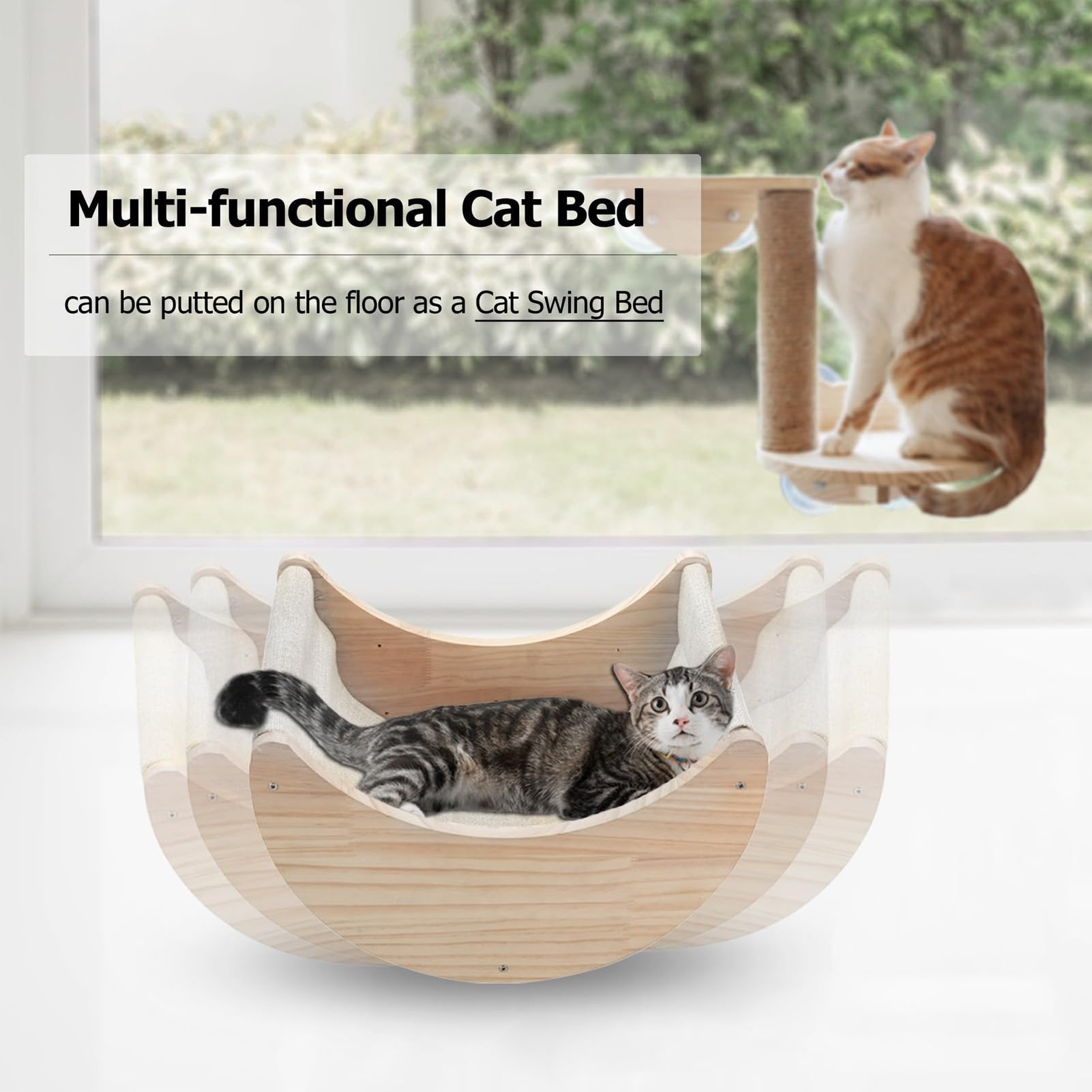 Swing Shaped Cat Window Bed, Pine Wood, Shelves Mounted Strong with Suction Cups, Removable Washable - Image 4