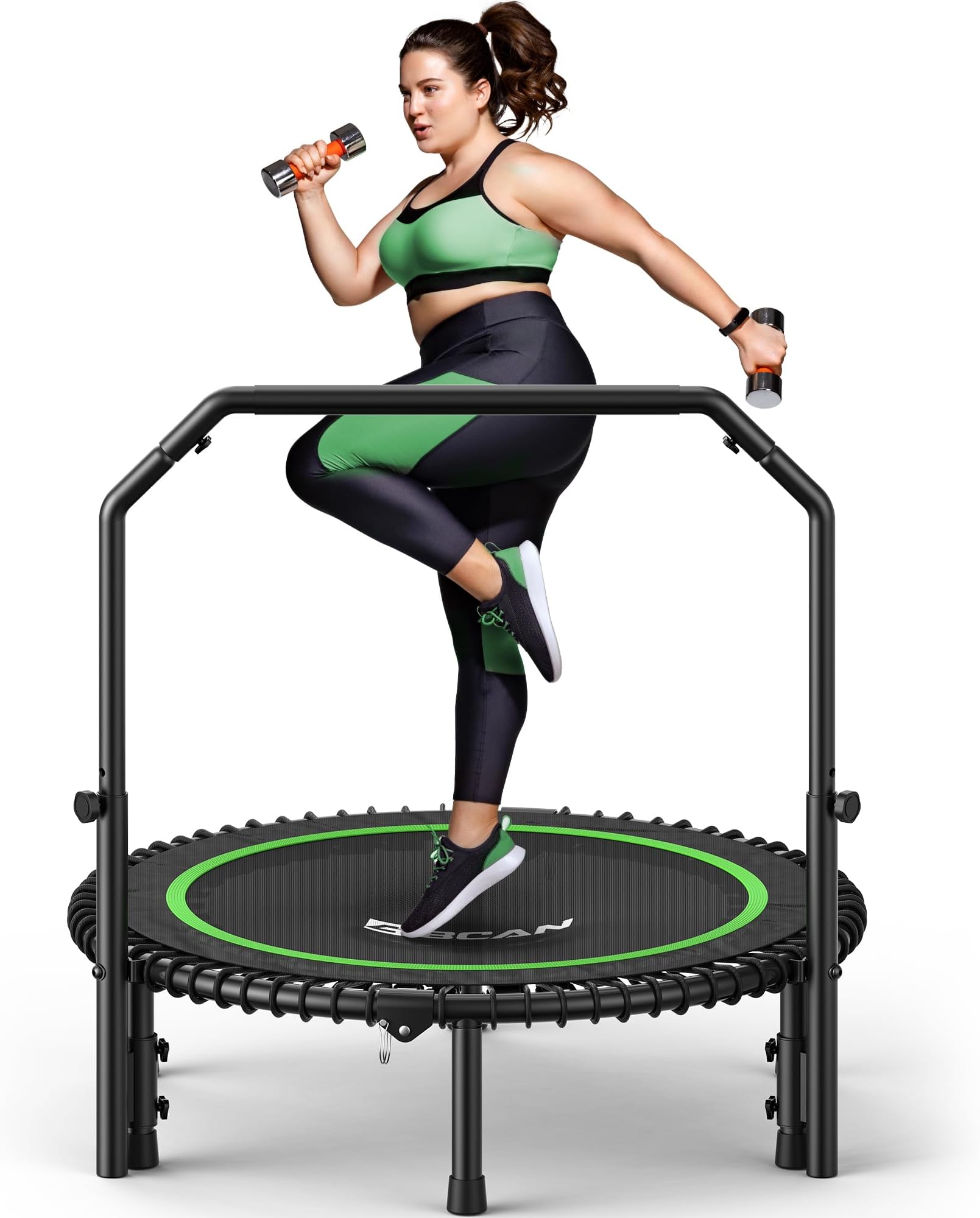 BCAN 450/550 LBS Foldable Mini Trampoline, 40"/48"/50" Fitness Trampoline with Bungees, Adjustable Foam Handle, Stable & Quiet Exercise Rebounder for Kids Adults Indoor/Garden Workout