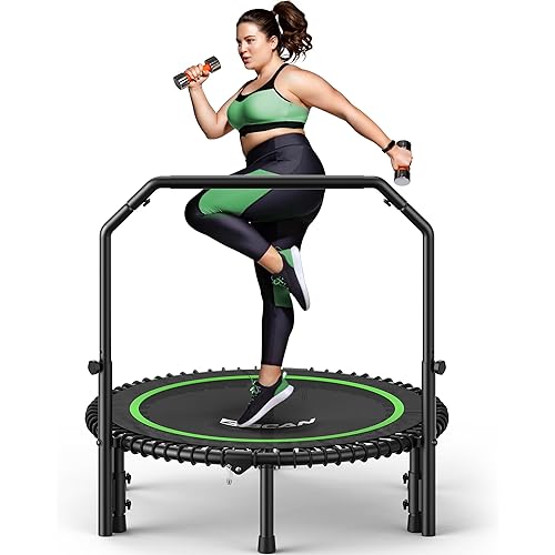 BCAN BT2 450/550LBS Mini Rebounder Trampoline for Adults with Bar, Fitness Trampoline with Bungees, Adjustable Handle, Stable & Quiet, Indoor Outdoor, Whole-Body Workout & Relaxation at Home-40IN/48IN