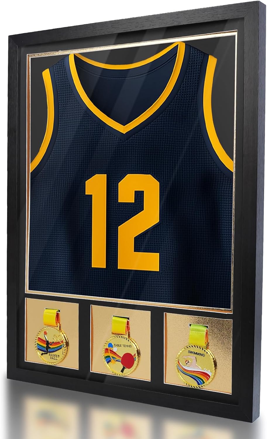 Jersey Frame Display Case Youth, 23 x17 Inch ,Small Jersey Shadow Box with 98% UV Protection Acrylic,Three Photo Frame or Medal Display for Baseball Basketball Soccer Sport Shirt ,Black Walnut Finish