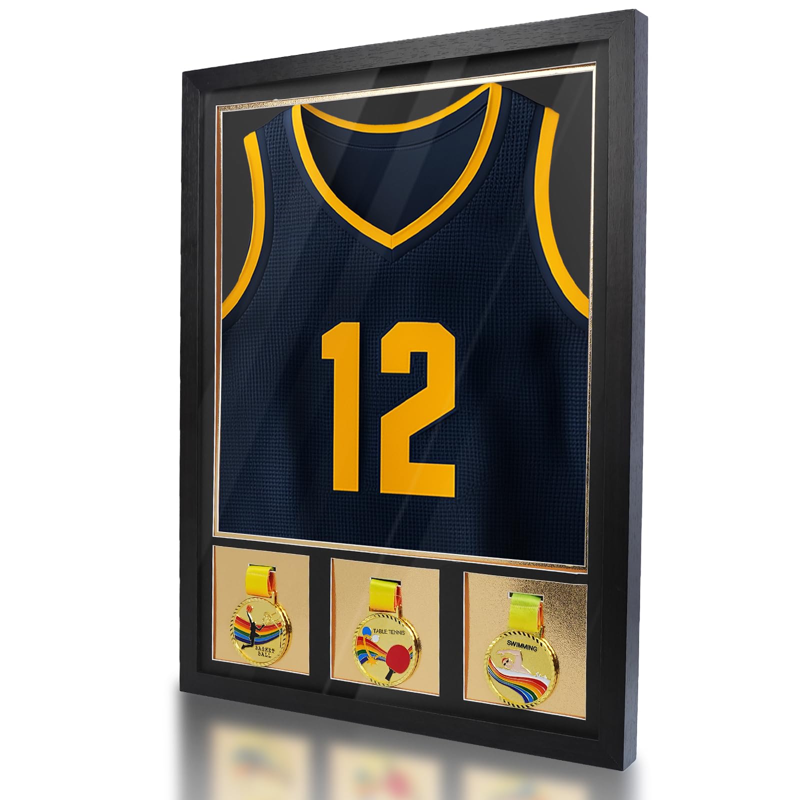 Jersey Frame Display Case Youth, 23 x17 Inch ,Small Jersey Shadow Box with 98% UV Protection Acrylic,Three Photo Frame or Medal Display for Baseball Basketball Soccer Sport Shirt ,Black Walnut Finish