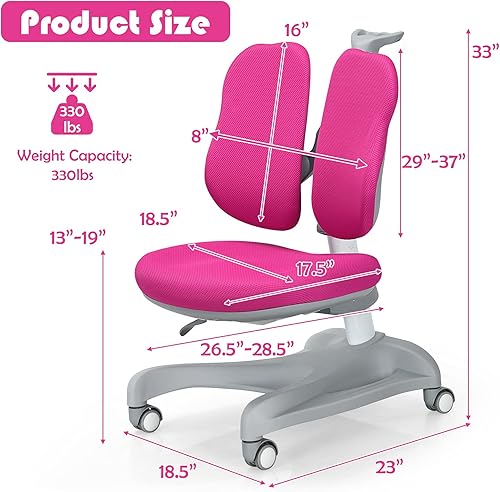 Miniatura 3 de Costzon Silla para niños, silla de estudiante de altura ajustable con ruedas de freno para sentarse, soporte lumbar, profundidad del asiento