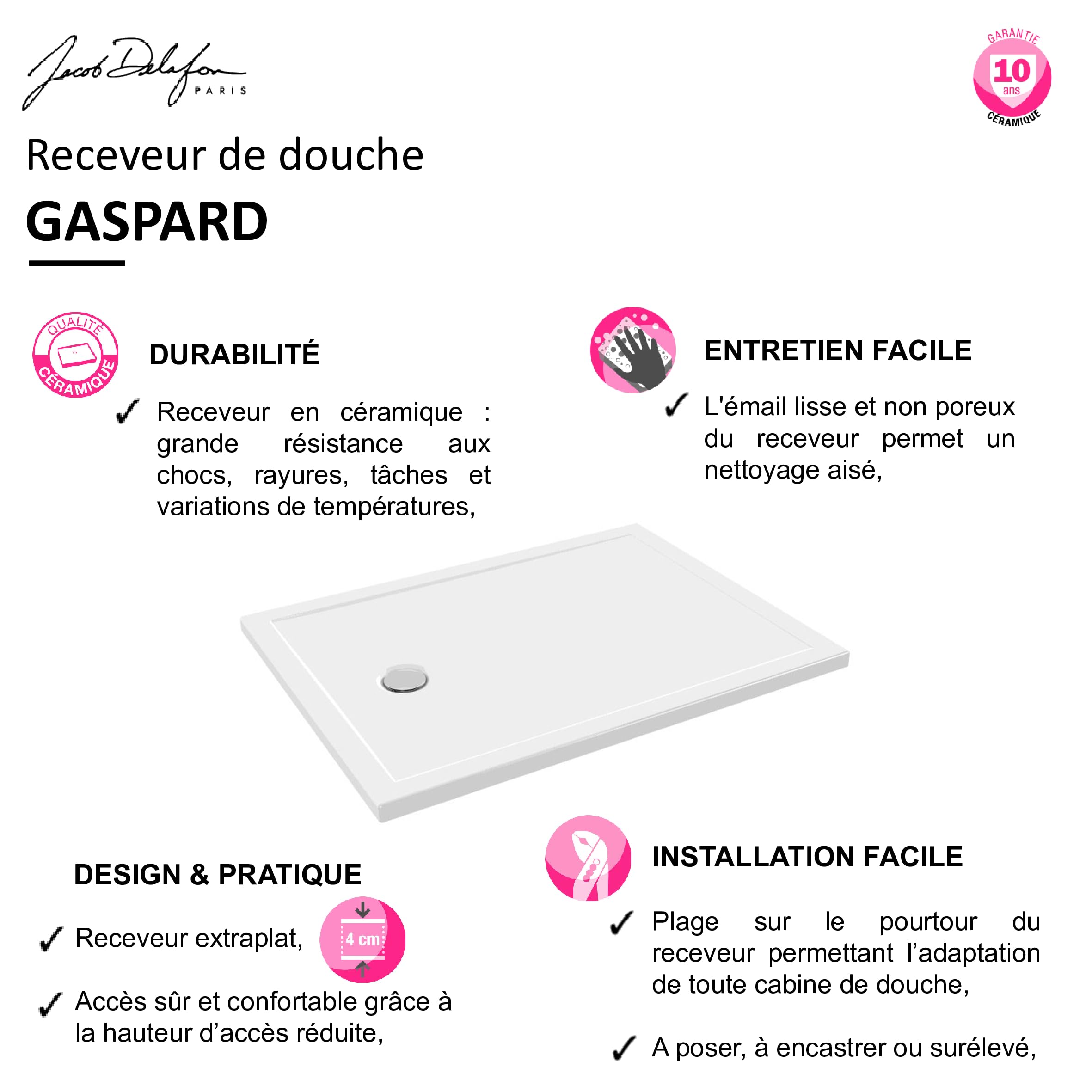 Receveur de douche 120 x 90 JACOB DELAFON Gaspard extra-plat céramique bonde à gauche