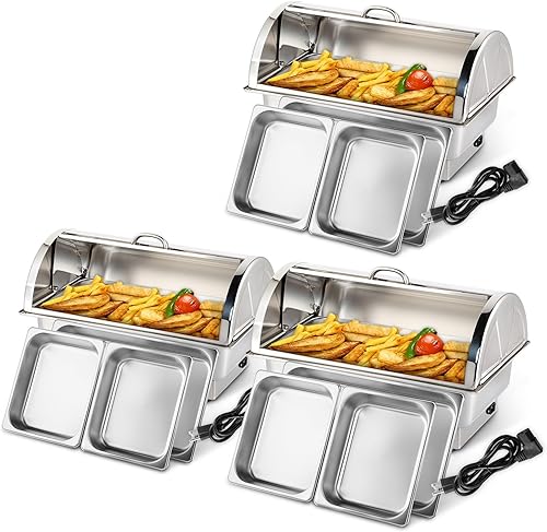 Miniatura 10 de ROVSUN Juego de 2 platos eléctricos de 9 cuartos de galón, acero inoxidable, con tapa enrollable, calentador de alimentos con tapa, tamaño completo