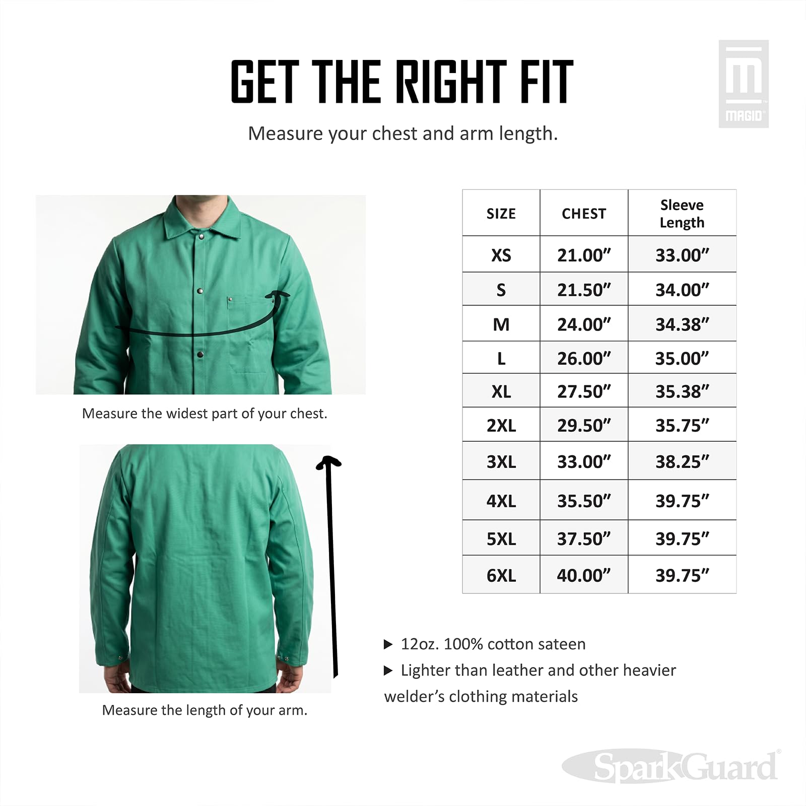 Guante Magid y seguridad 1830-xs Sparkguard verde resistente al fuego estándar peso chaqueta