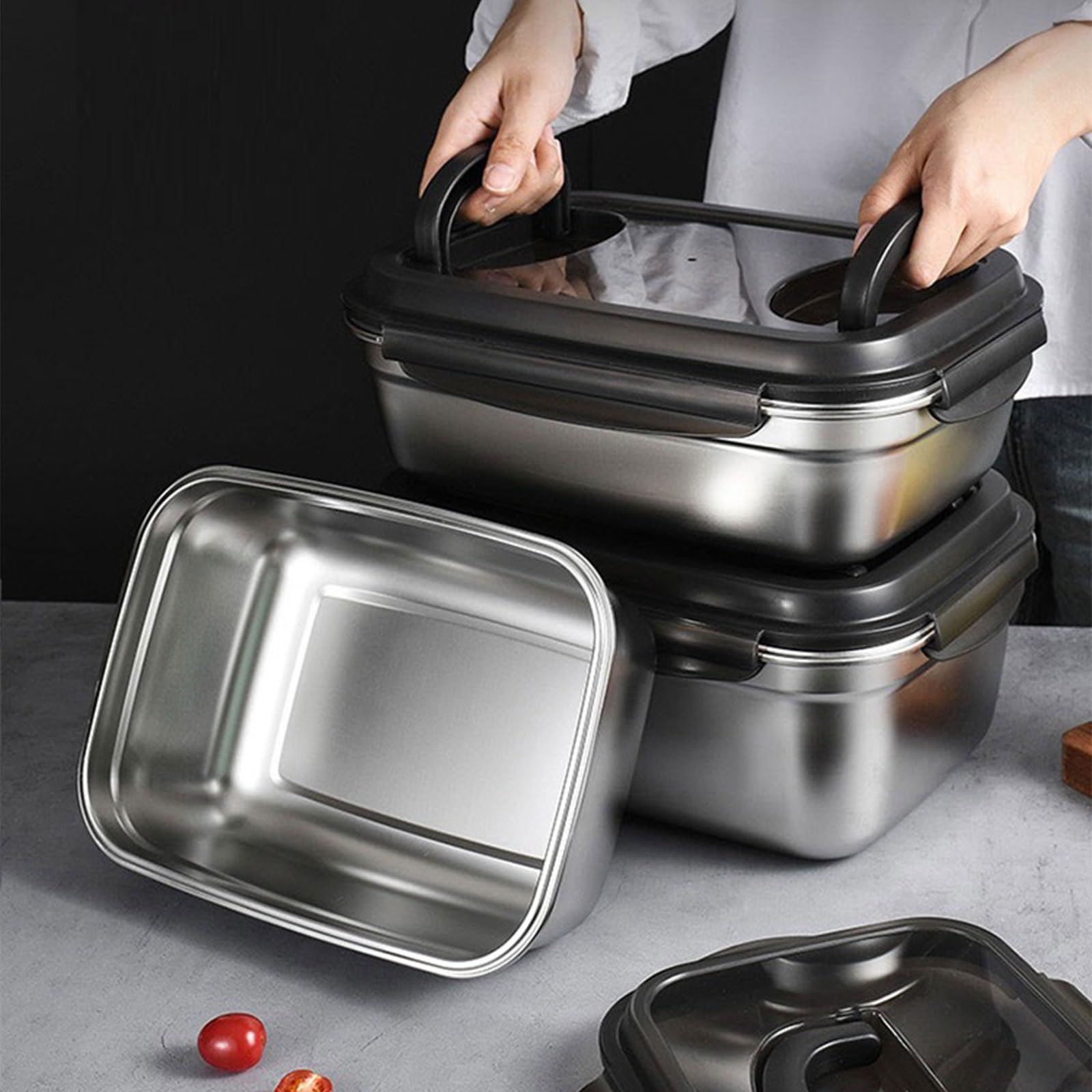 Contenedor de almacenamiento de alimentos de acero inoxidable sellado con cubierta segura para mantener las comidas frescas, ideal para cocina, oficina, almuerzo