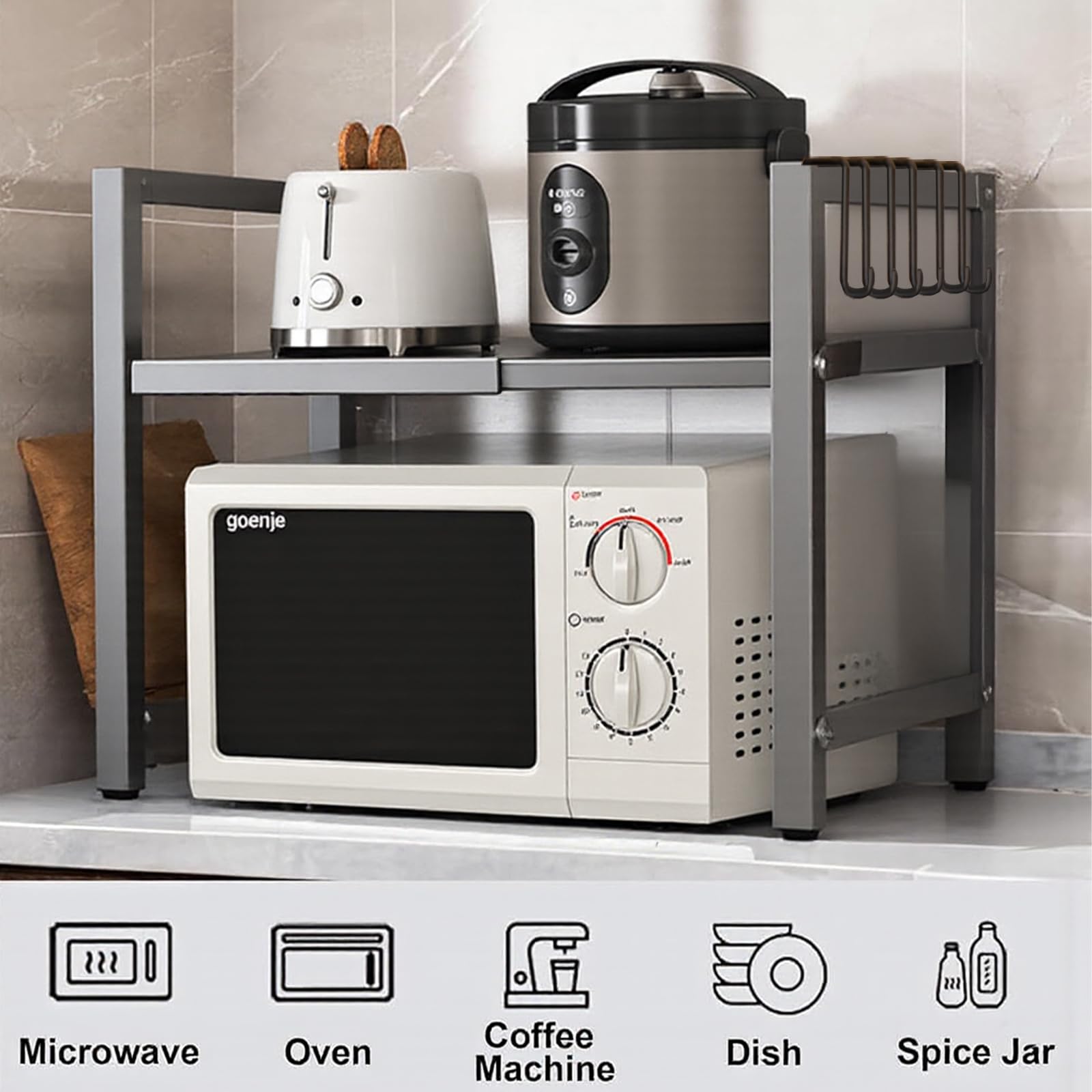 Support Micro Ondes Extensible Étagère Micro-ondes JurciCat Télescopique 40-60 Cm - 2 Niveaux Avec 6 Crochets, Support Robuste Pour Cuisine Sans Perçage étagère Micro-ondes Télescopique