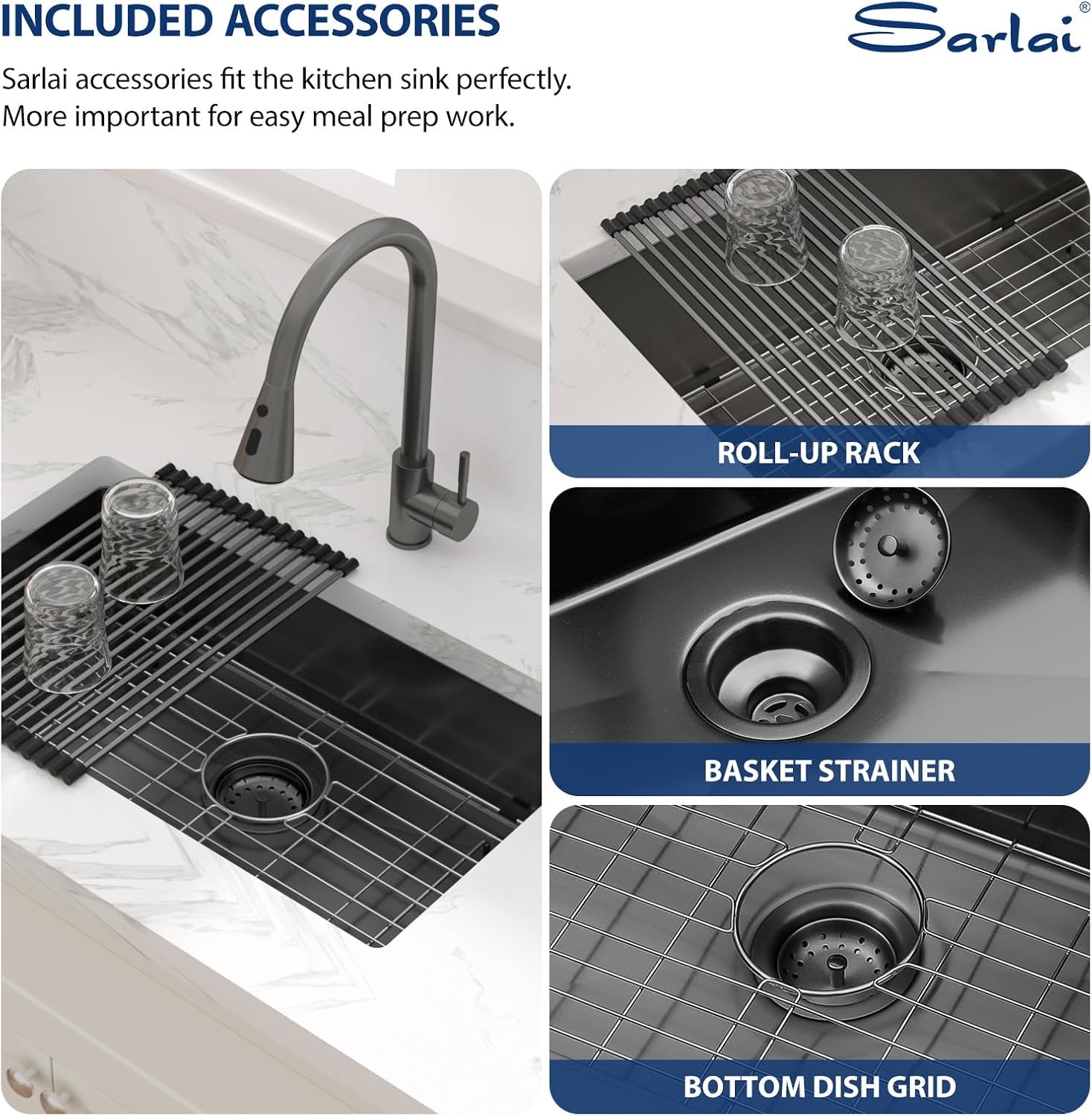 Sarlai ADA Black Kitchen Sink - 27 Inch Undermount Kitchen Sink Gunmetal Black 6-Inch Low Depth ADA Compliant Single Bowl 16 Gauge Stainless Steel 27x16 Inch Under Mount Handmade Sinks Basin
