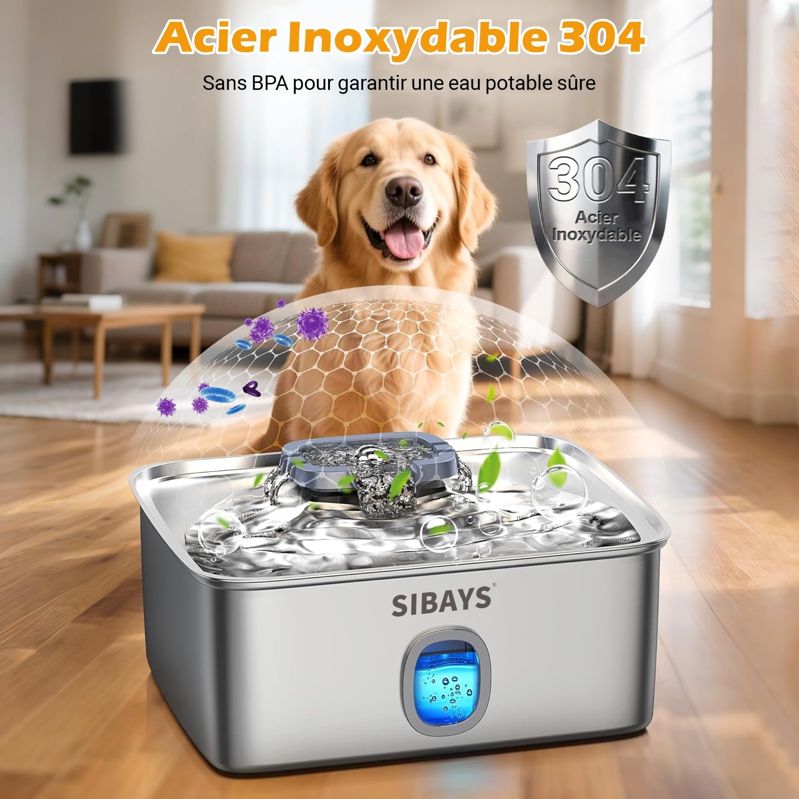 Sibays Fontaine a Eau Chat INOX, 15L Grande Fontaine a Eau Chien avec Zone de Boisson Plus Large, Super Silencieuse Fontaine à Eau pour Chat avec LED & Filtre, Adieu aux Remplissages Fréquents, FS76
