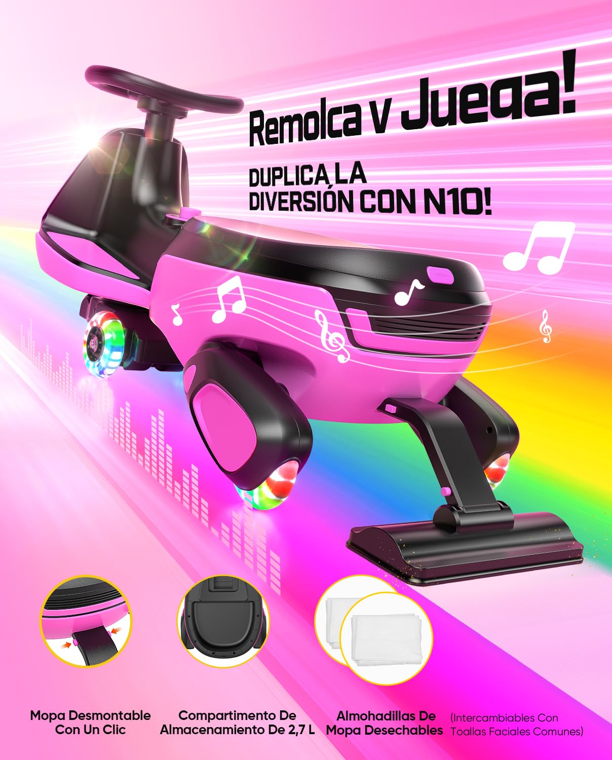 FanttikRide N10 Classic Coche Eléctrico para Niños con Mopa Desmontable, Pedal, Carga Tipo C, GlideWiz, Antivuelco, Ruedas Luminosas y Bluetooth | para Edades de 3+, Carga Máxima 68 KG,Rojo