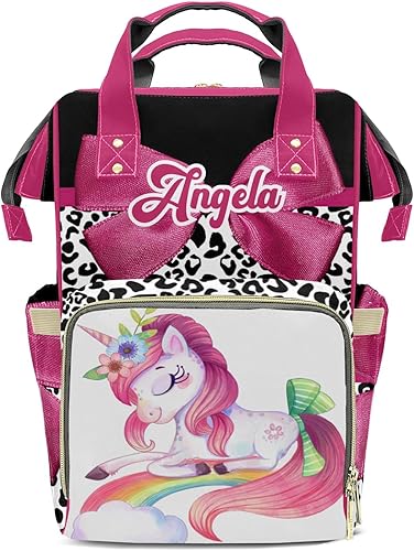 Mochilas personalizadas de unicornio rosa y rojo con lazo para pañales con nombre para niños y niñas, Pattrn 3, Mochilas de lona