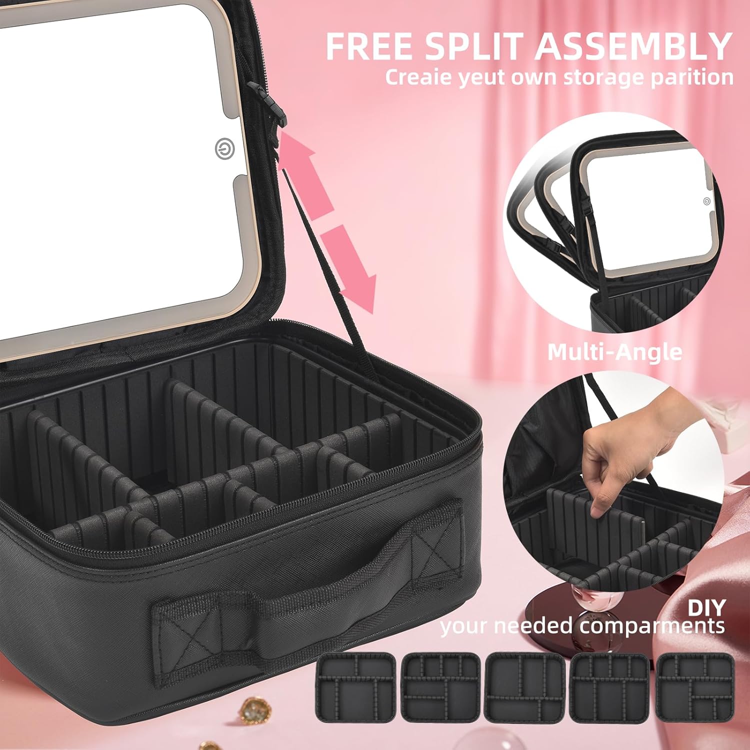 Travel Makeup Bag, Portable Makeup Case with LED Mirror, Removable Mirror with 3 Color Modes, 8 Adjustable EVA Dividers for Brushes Toiletry Jewelry Digital Accessories, Solid Black - Image 3