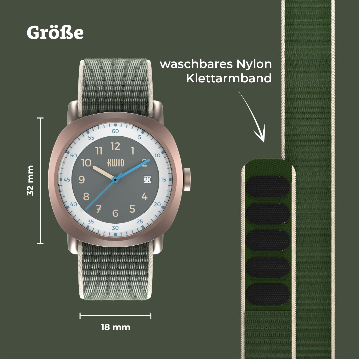 KWIO - Takk Kinderuhr I Analoge Armbanduhr für Jungen & Mädchen 32mm I Quarz-Uhrwerk & Edelstahlgehäuse I Leicht zu wechselndes Klettarmband I Wasserdicht bis 5 ATM