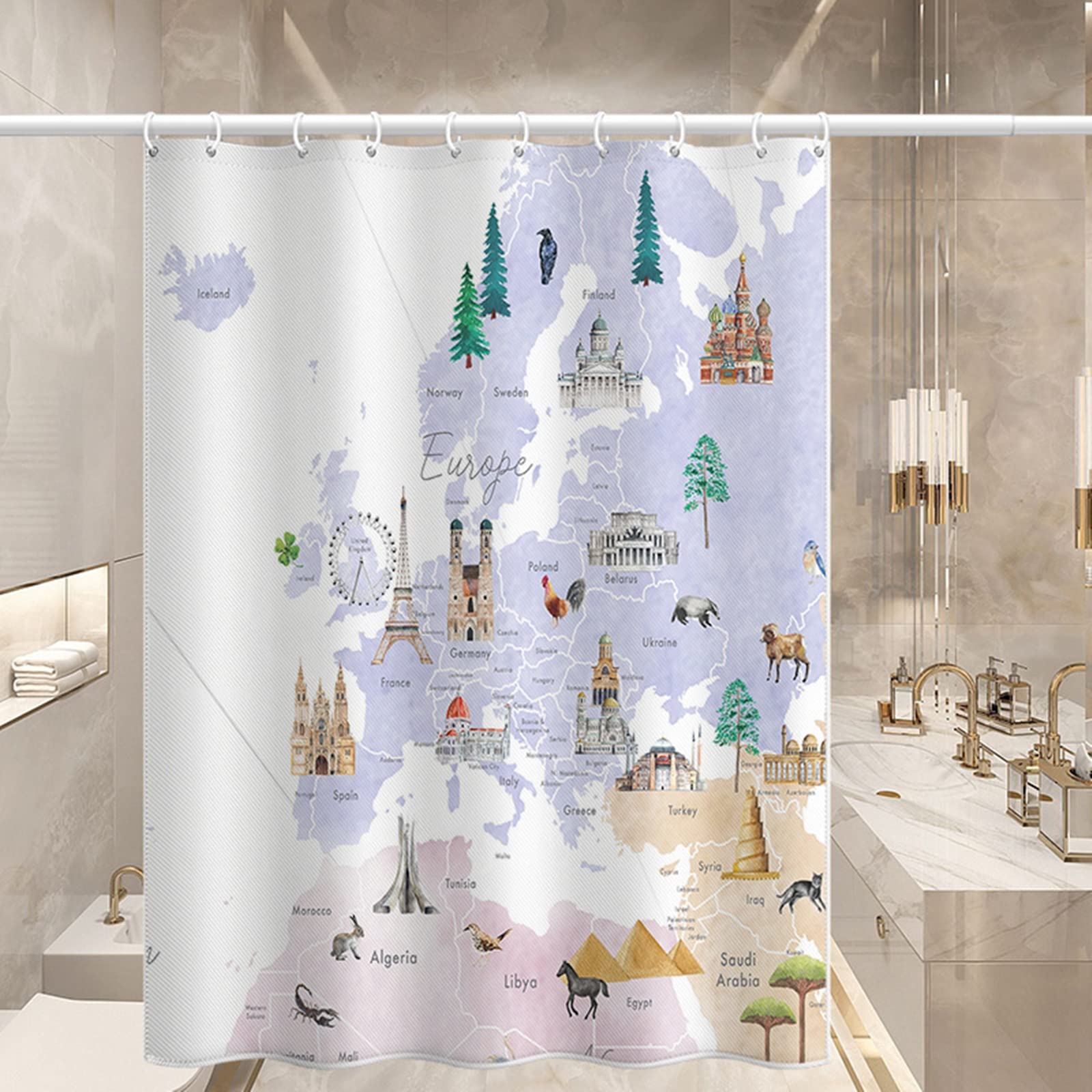 Voyager depuis sa baignoire avec le rideau douche carte Europe polyester 200x180