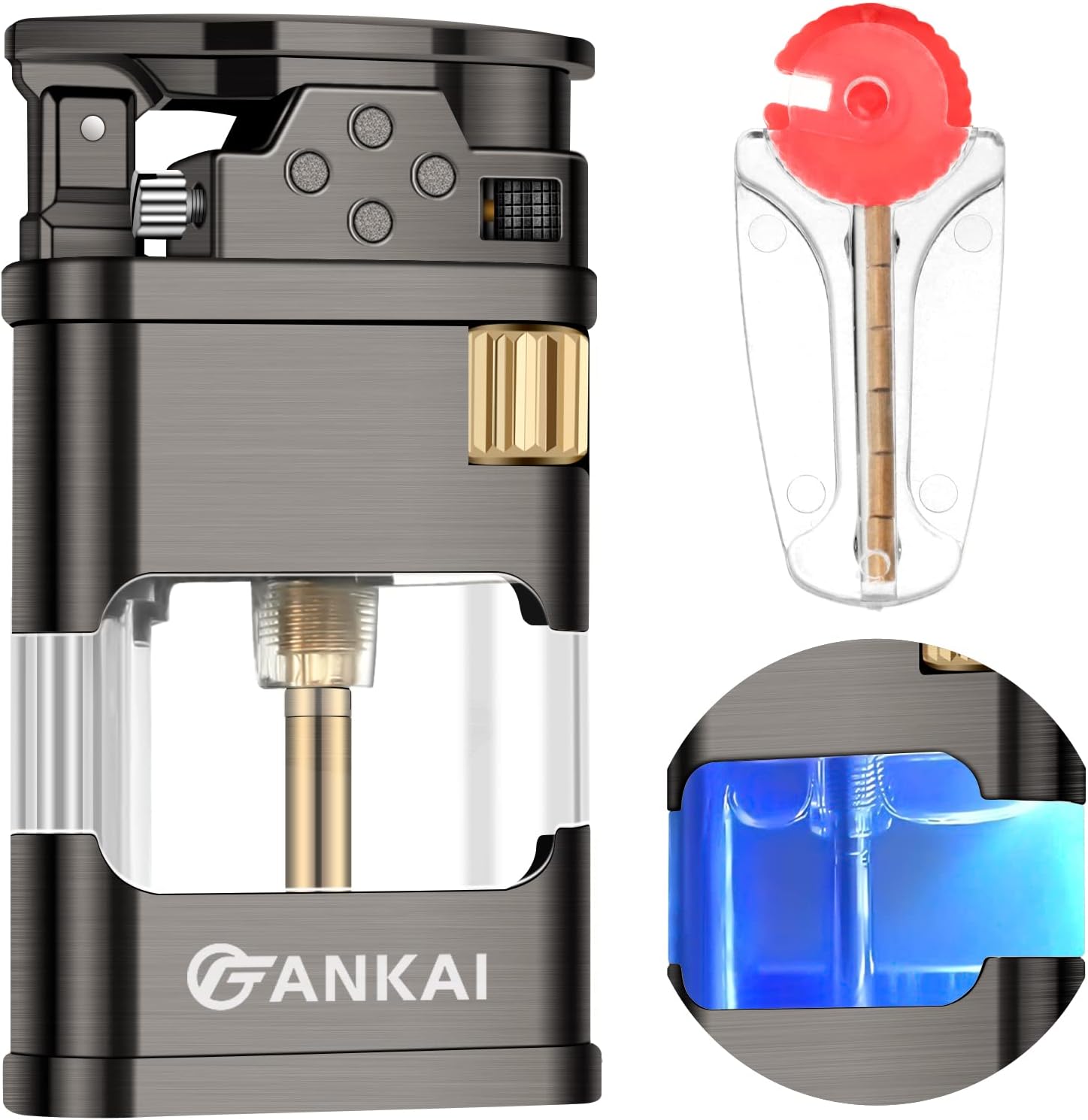 FANKAI Torch Lighter with LED Light, Single Jet Flame, ABS Fuel Tank, Retro Grinding Wheel, Windproof, Replaceable, Zinc Alloy, Brass, ABS, Gray