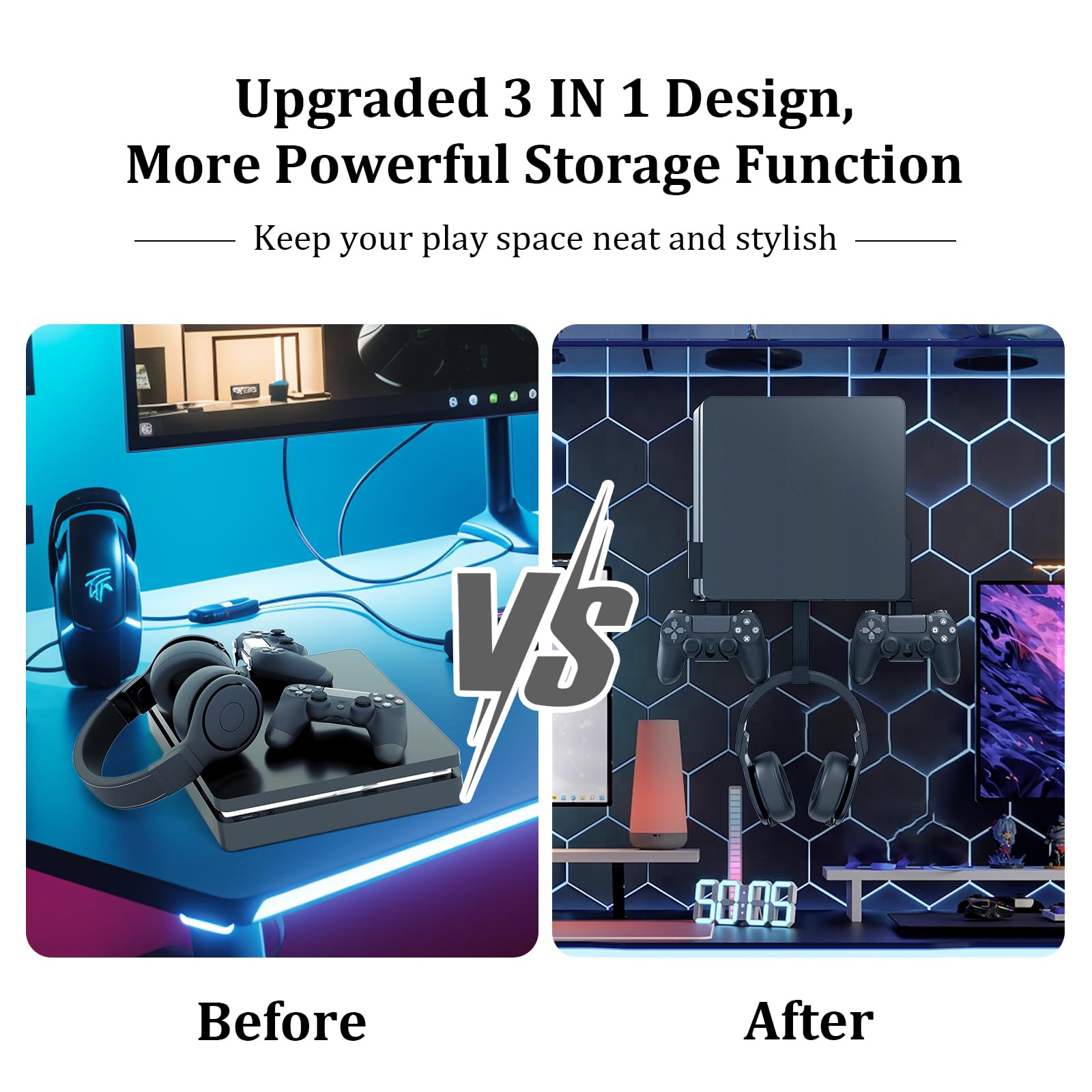 Wall Mount for PS4 Slim with Detachable 2 Controller Holder & Headphone Hanger, Metal Stealth Wall Mount Stand for Playstation 4 Slim