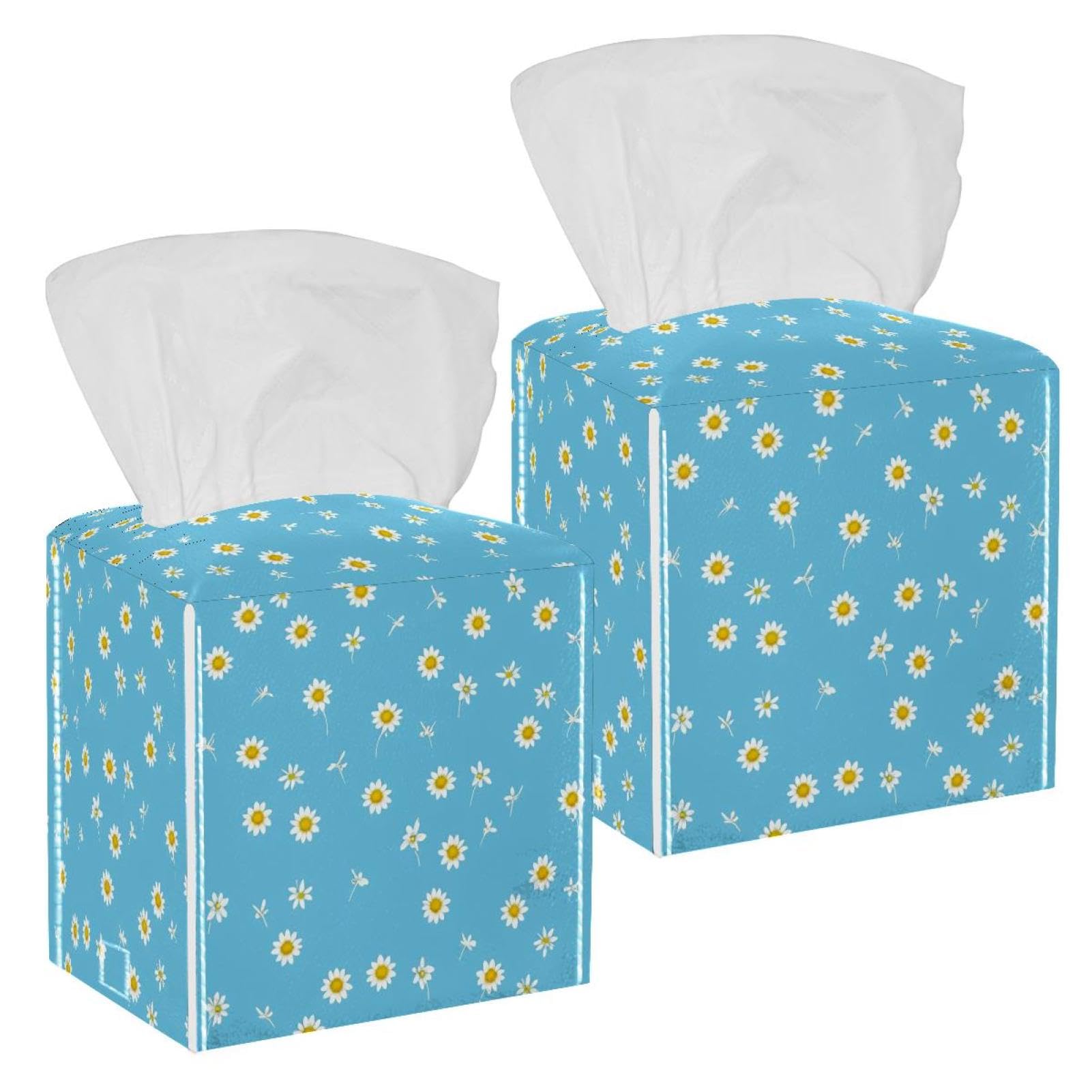Aesthetic Flowers Tissue Box Cover, 2 Pack PU Leather Square Facial Tissue Dispenser Box holder for Home Office Car