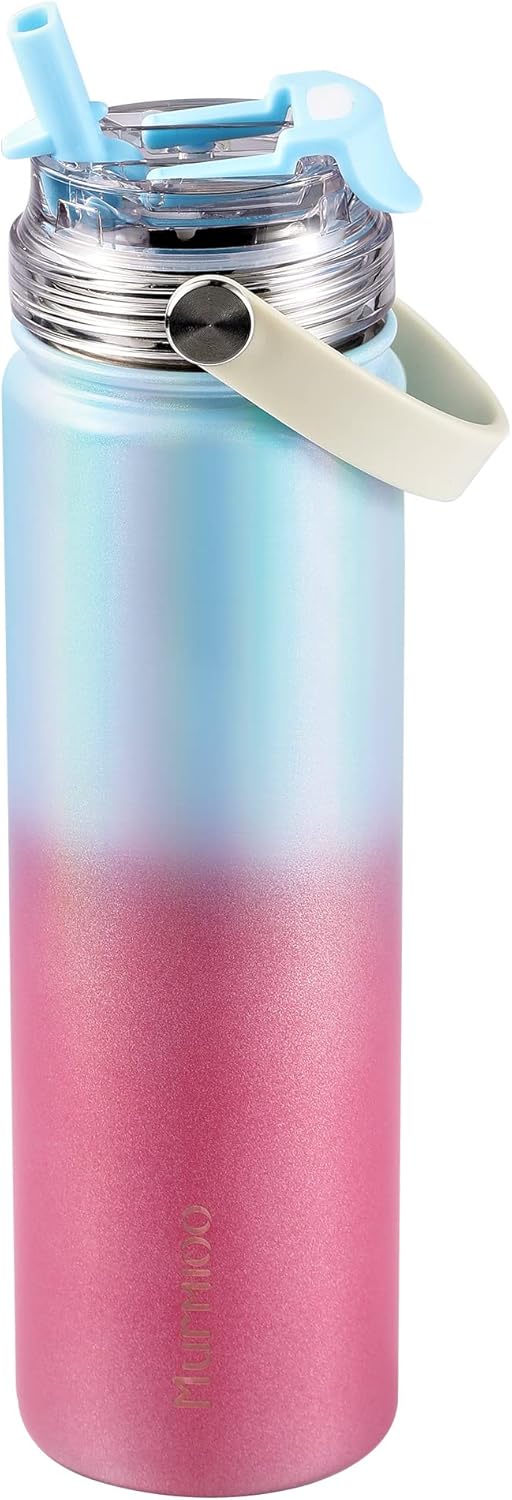 Murmioo Insulated Sports Water Bottle,2-in-1 Straw Lid(Straw & directly drinking Lids),Leak Proof, Double Walled vacuum,BPA Free,Keeps Hot and Cold - Travel Sports Canteen Rose blue gradient/22oz Rose red blue gradient 22 Ounces