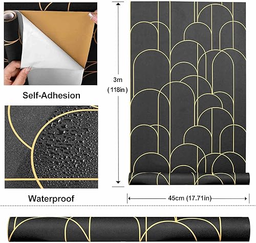 Miniatura 5 de Papel tapiz para despegar y pegar, moderno papel tapiz geométrico negrodorado, 17.71 x 118 pulgadas, papel tapiz autoadhesivo extraíble, papel tapiz