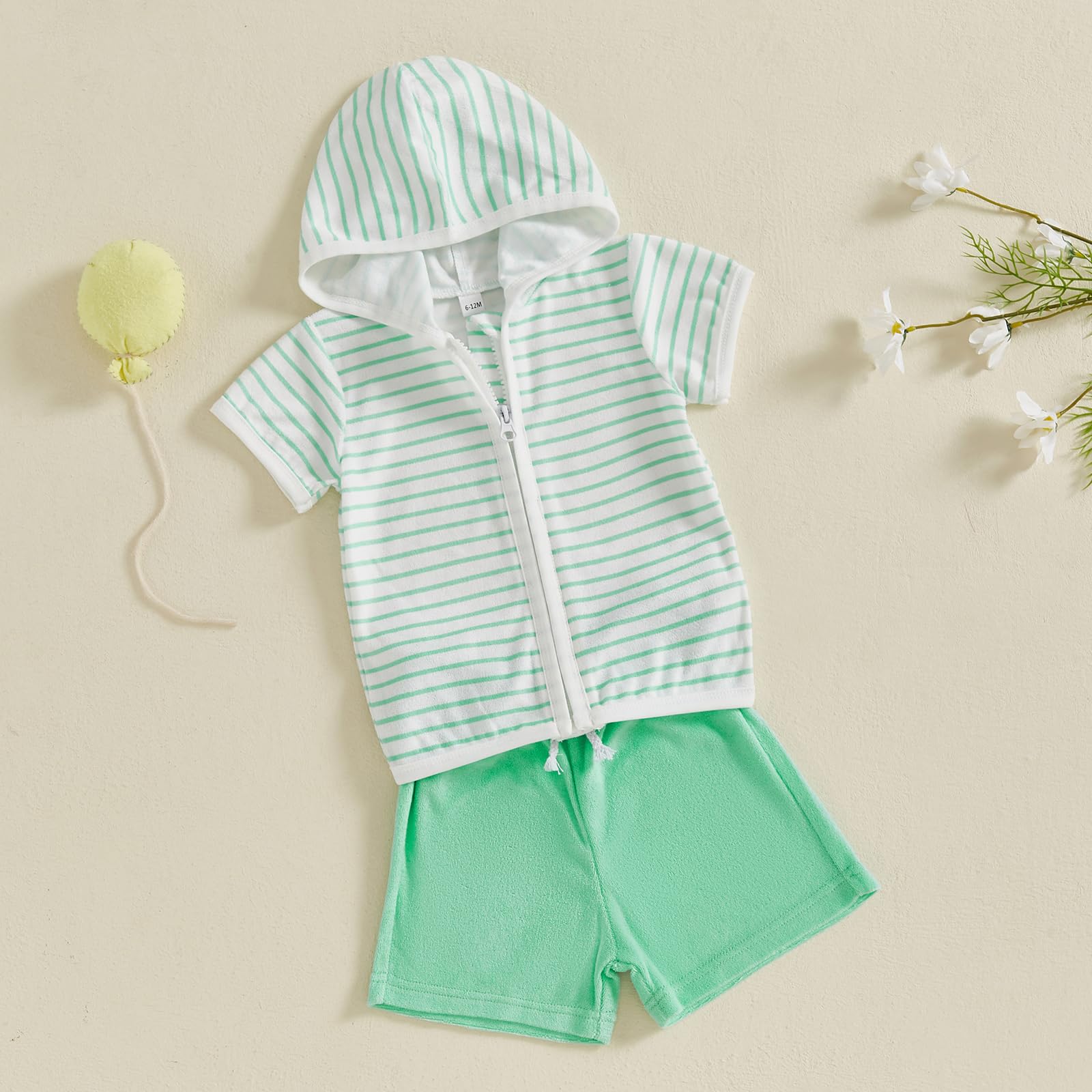 AHUGHAUE Toddler Boy Girl Swimsuit Coverups Zip Up Bathing Suit Short Sleeve Hooded Shirt Shorts Set Swimwear Beach Cover Up (Green, 6-12 Months)