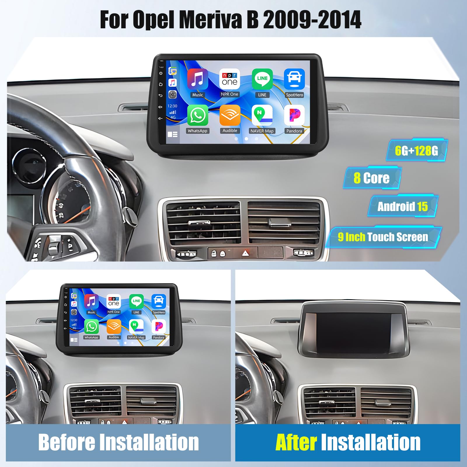 Autoradio Android 9 Pollici Per Opel Meriva B 2009-2014 - 4GB+64GB, CarPlay/Android Auto Wireless, Touch InCell, GPS, DSP, Con Telecamera Posteriore