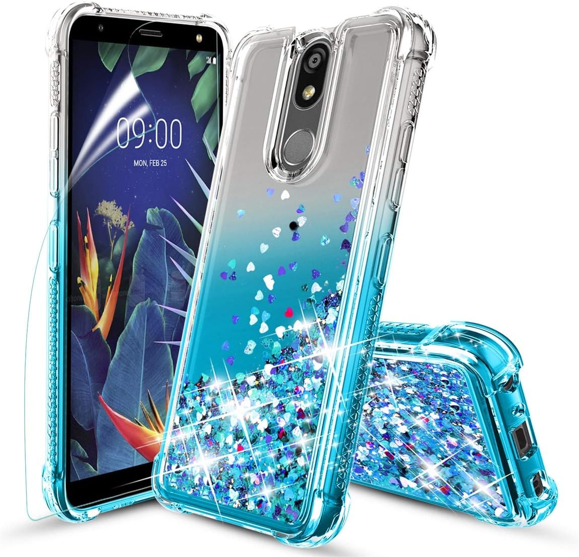 Tmacker K40 Case,LG Solo LTE/K12 Plus/LG Xpression Plus 2 (AT&T)/X4 2019/LMX420 Phone Case w/HD Screen Protector,TPU Shockproof Glitter Quicksand Protective Phone Cover for Girls Women-Teal