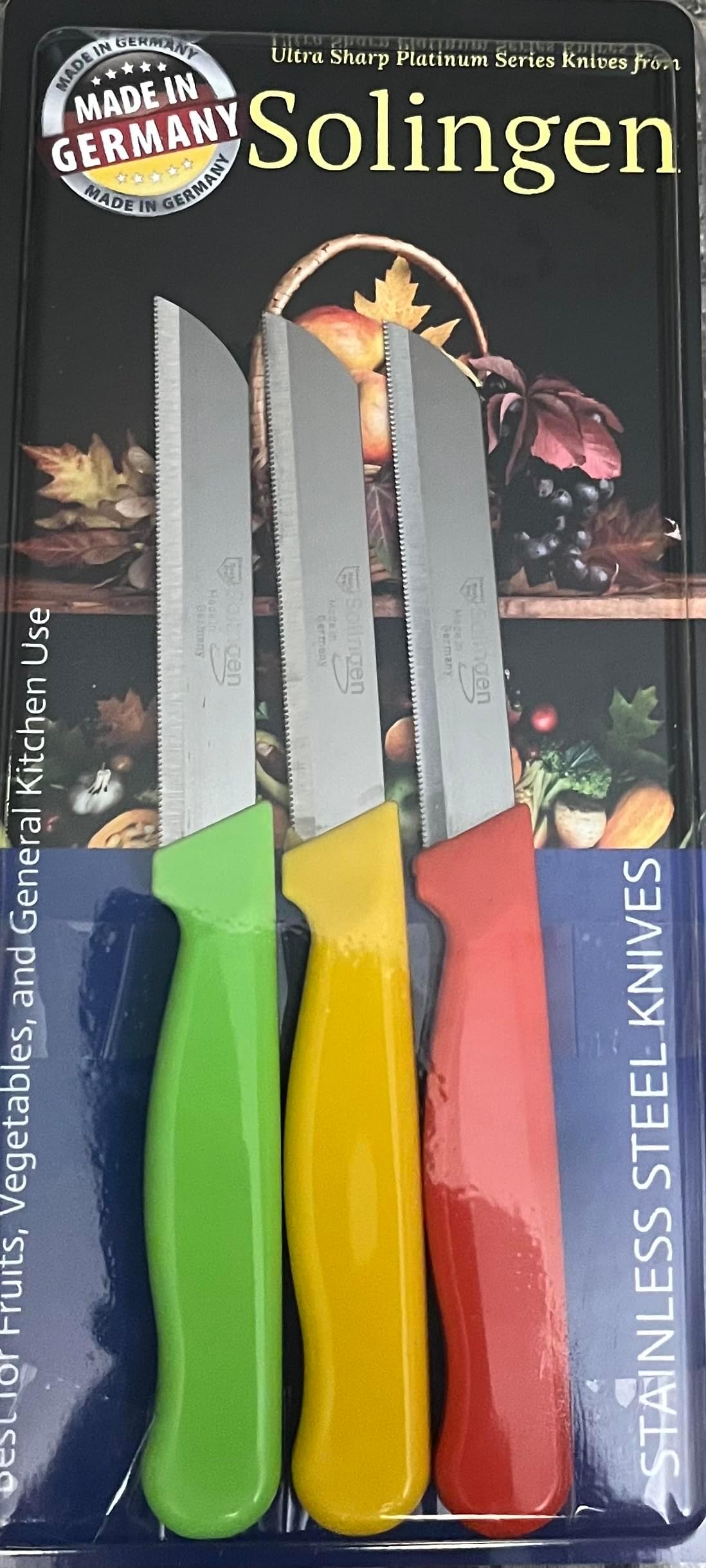 MADE IN SOLINGEN GERMANY STAINLESS STEEL KNIFE SET -PACK OF 3 (ORANGE, YELLOW, LIME) -3.35" ULTRA SHARP SERRATED BLADE -IDEAL FOR KITCHEN/GENERAL USE, BREADS AND PRECISION FOOD CUTTING