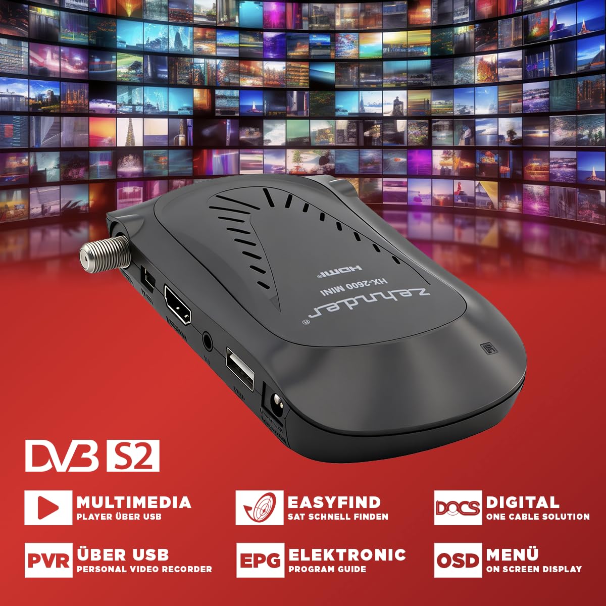 Zehnder HX 2600 Mini Digital Sat Receiver HD fähig mit Aufnahmefunktion HDMI lernbare Fernbedienung