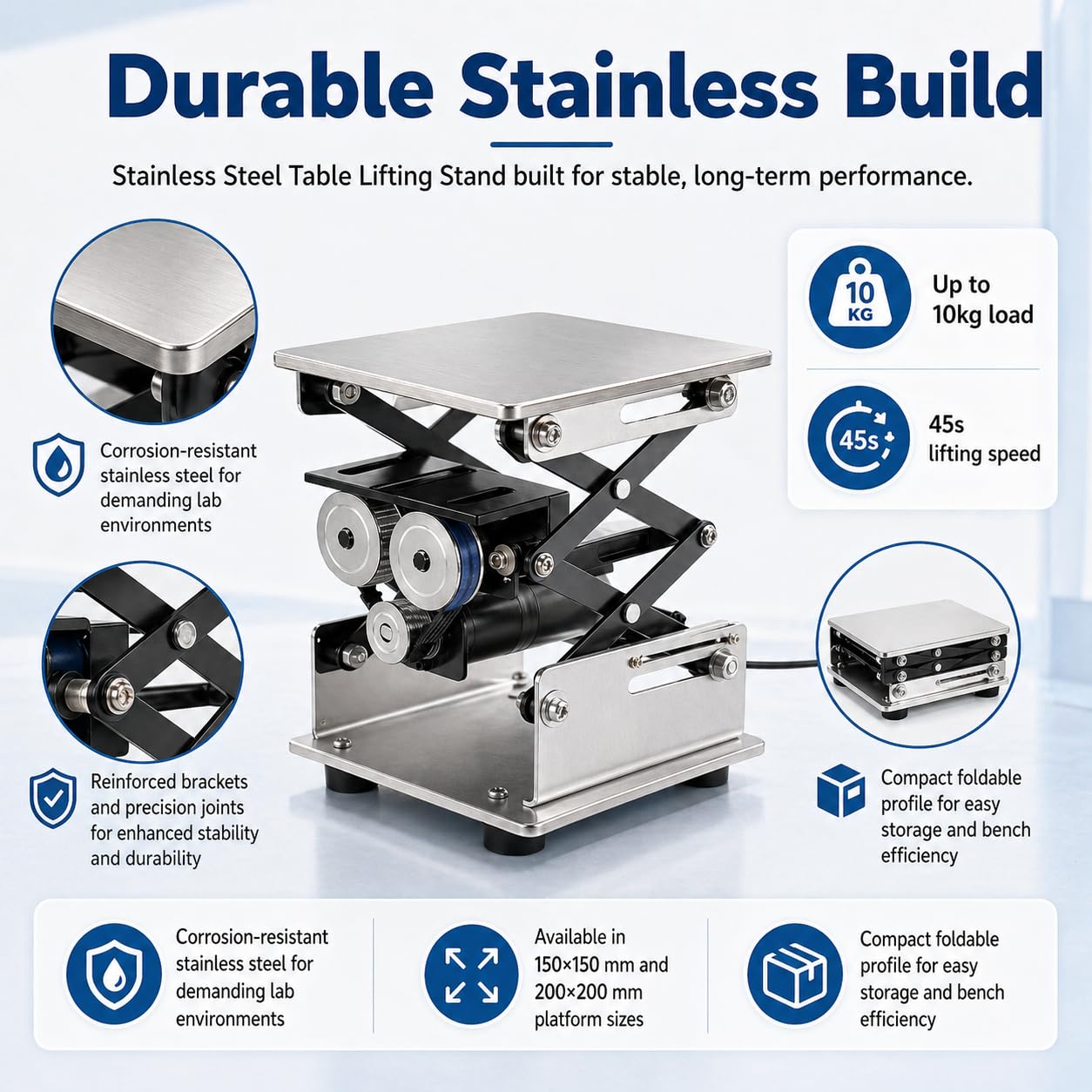 Elektrische Scheren-Hebebühne, 10 kg Kapazität, Edelstahl-Laborständer für Labor, 150 x 150 mm