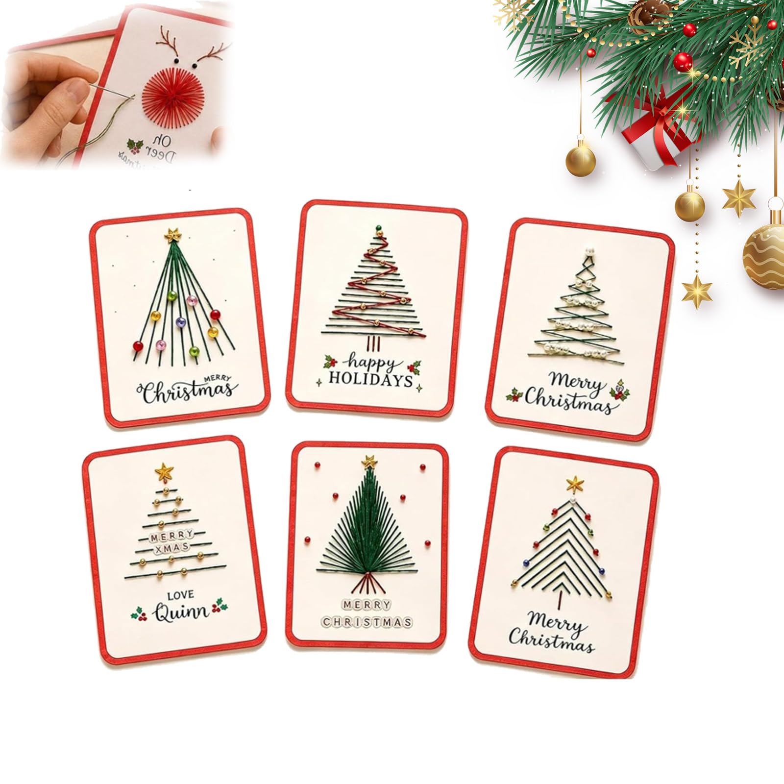 ZBELLO Merry & Bright Christmas DIY Kit,Christmas Card String Art Craft Set,6-Piece Stitch Christmas Cards by Hand, Handmade Holiday Gift for Adults (Set A)