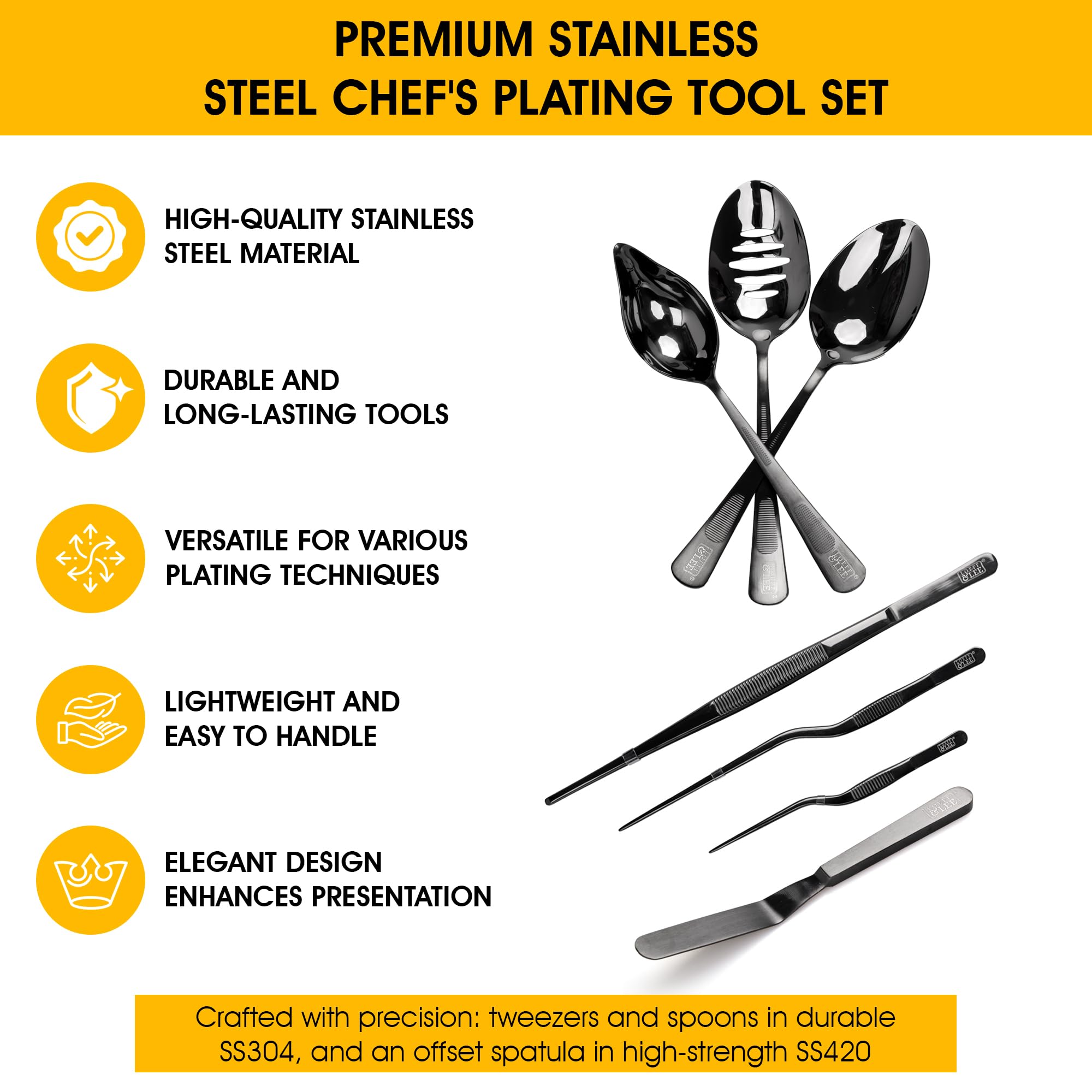 Set da cucina da 7 pezzi di utensili da cucina per placcatura nera (utensili professionali da chef), kit da chef con 3 cucchiai da placcatura, 3 pinzette per placcatura, spatola offset. In dotazione