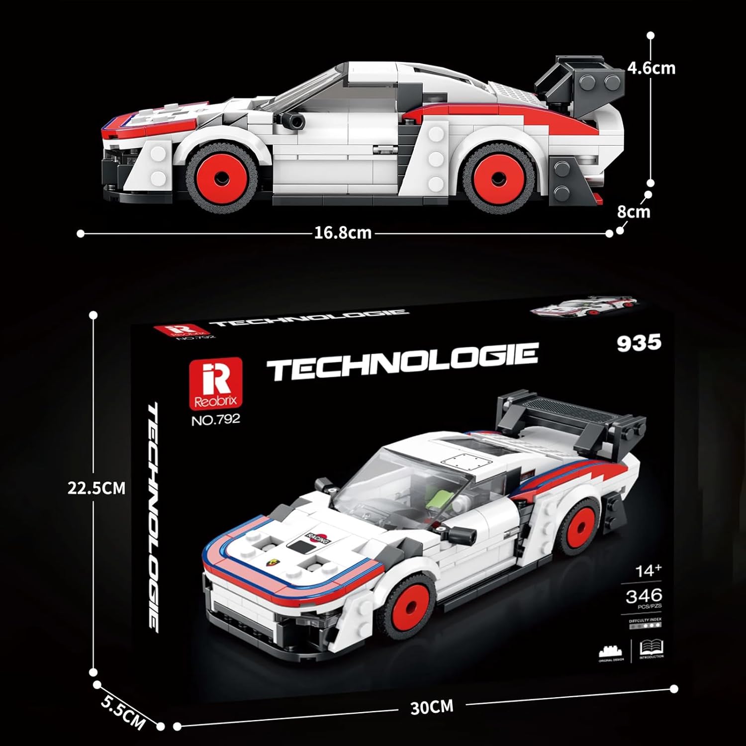 Diagram showing the dimensions of the Reobrix 792 Porsche 935 model and its packaging