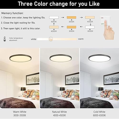 Miniatura 2 de Paquete de 12 luces LED de techo empotradas de 12 pulgadas y 28 W, carcasa negra, 3 colores cambiables (3000 K4000 K6000 K), lámpara de techo