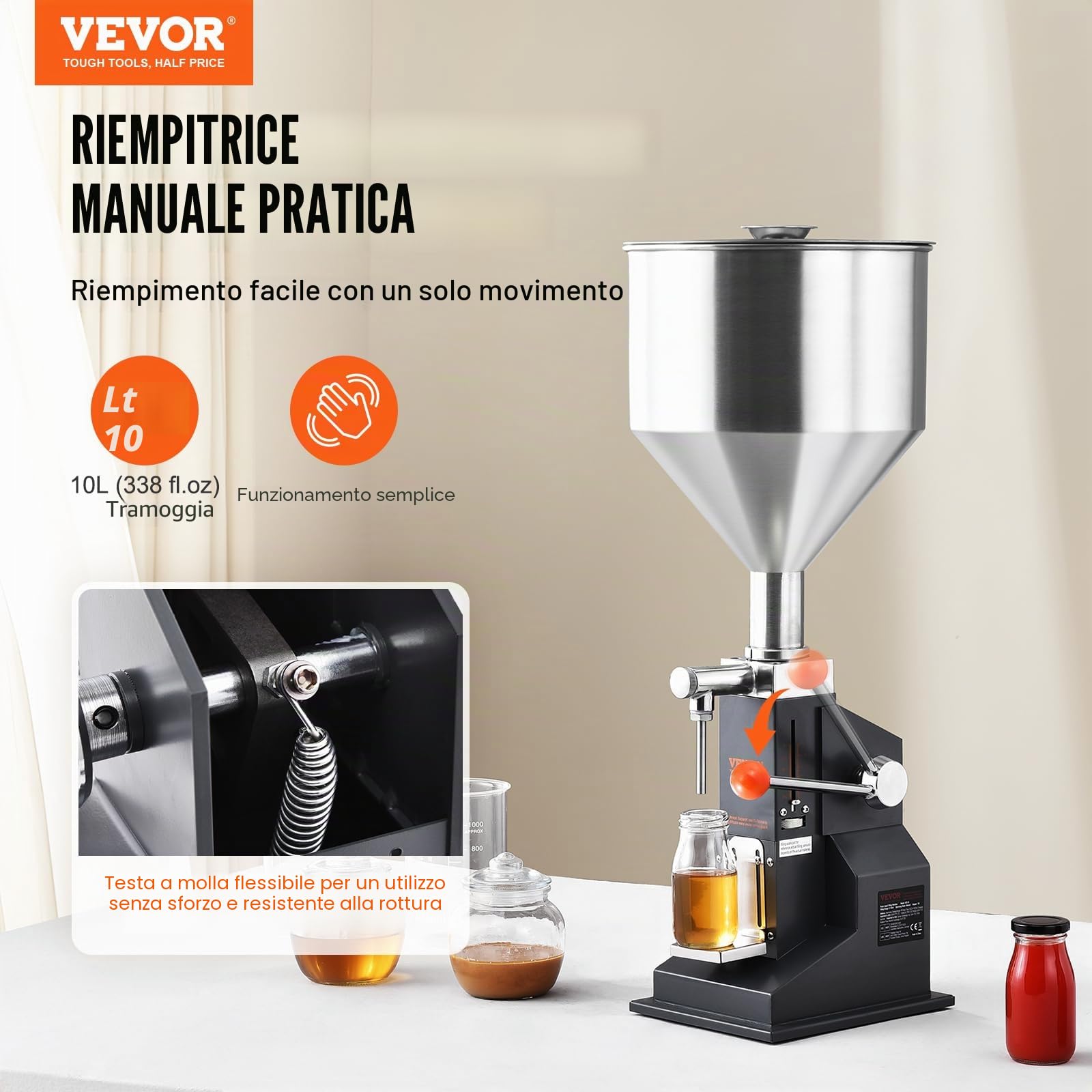 VEVOR Riempitrice Manuale Liquidi Riempitrice Manuale 5-50 ml, Riempitrice Regolabile in Acciaio Inossidabile con Tramoggia per Latte, Acqua, Succo, Olio Essenziale, Shampoo, Miele, Crema Cosmetica