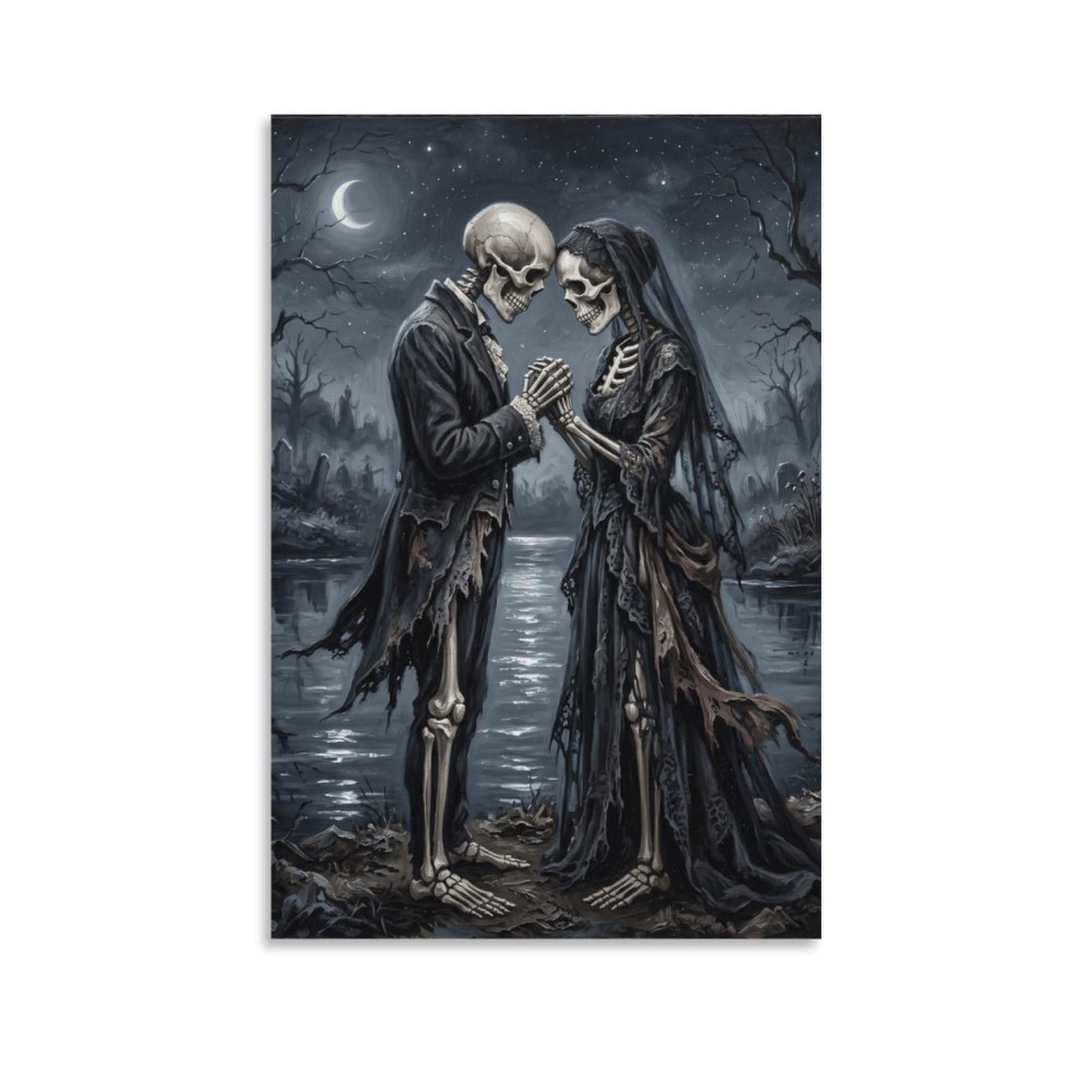W7C8U2X3 Moonlit Skeleton Couple Canvas Wall Art, Gothic Fantasy Wall Art