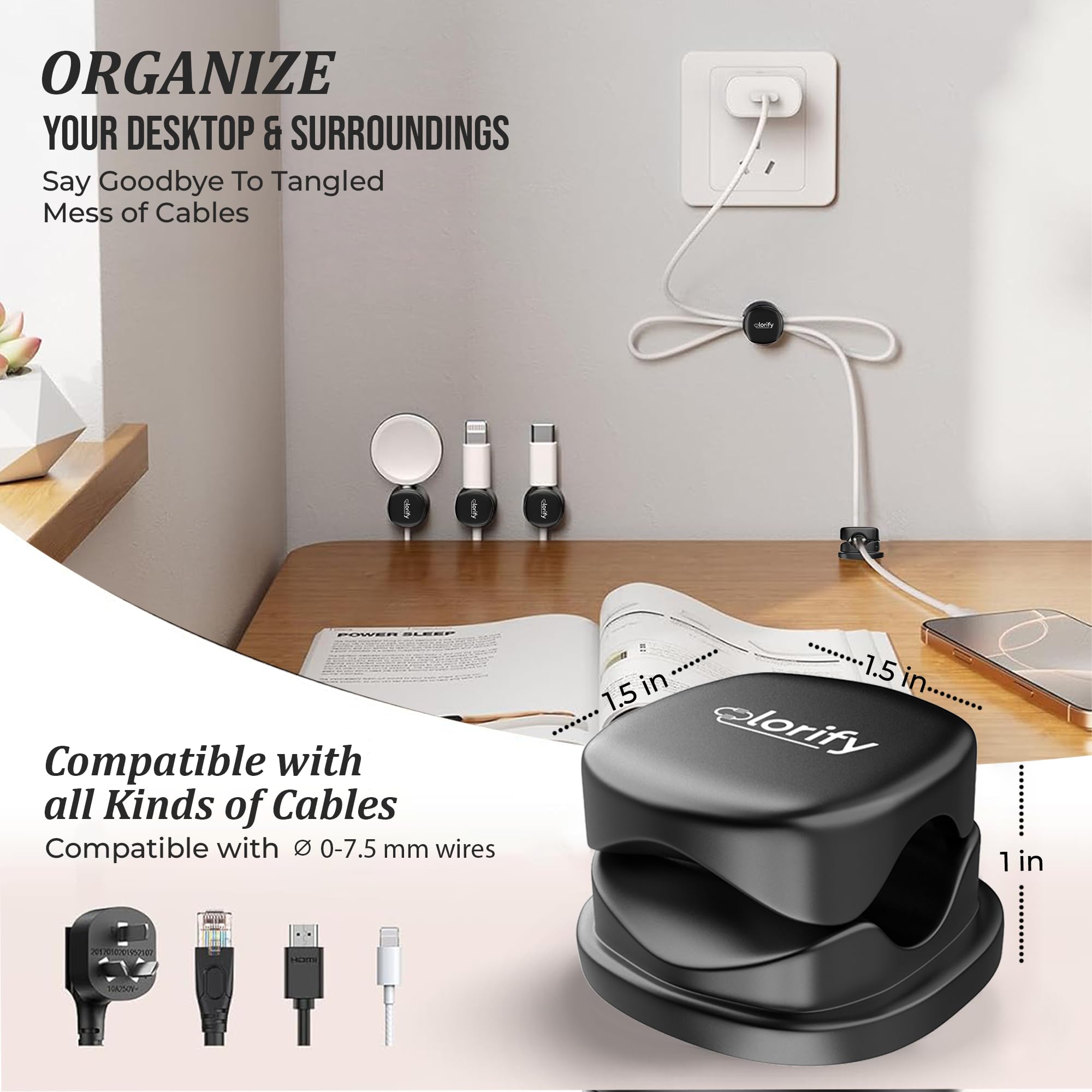 Organizador de cables giratorio, paquete de 8 soportes negros con adhesivo fuerte para gestión de escritorio y espacio de trabajo