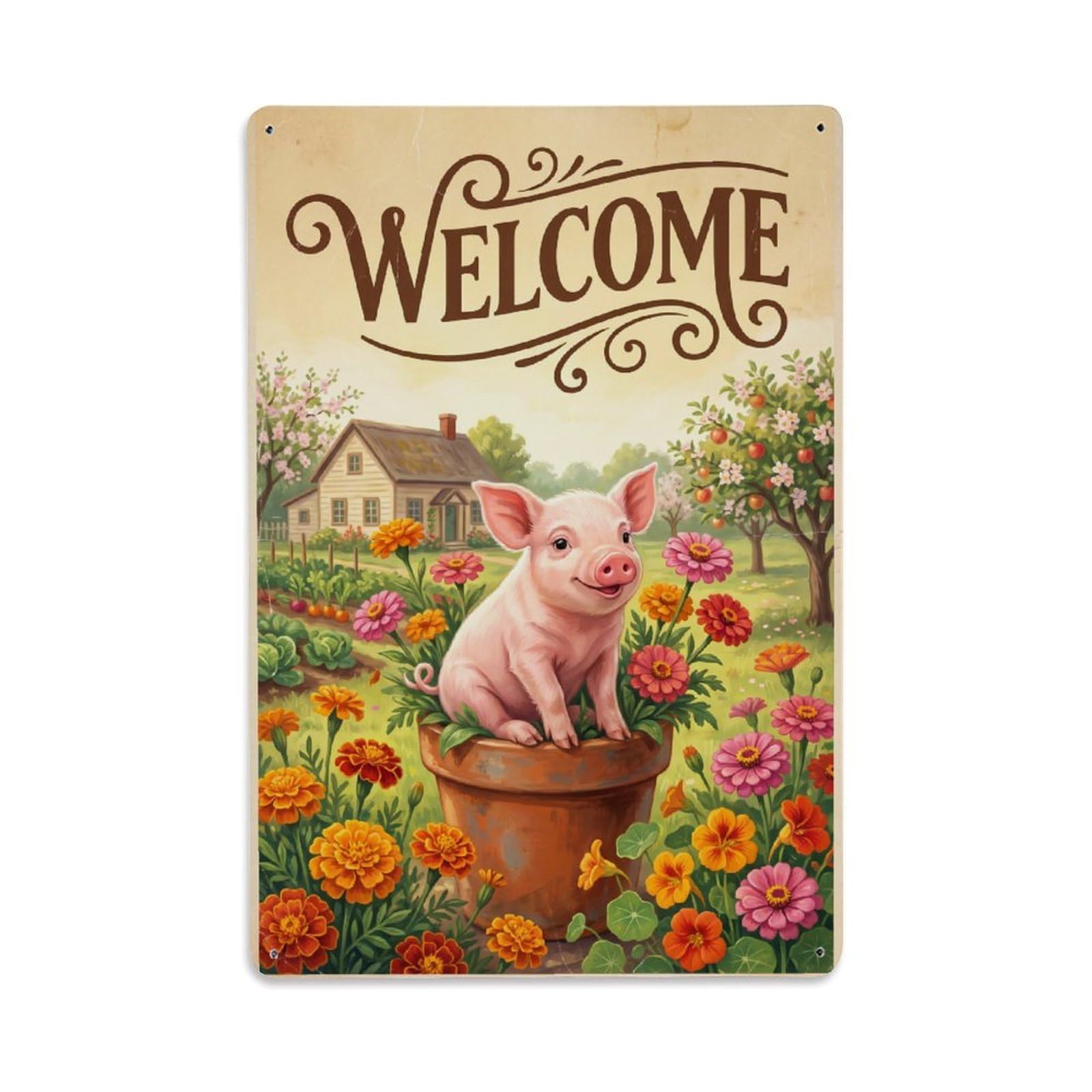 Cxhjca 8X12inch(20X30cm) Vintage Welcome Piglet Farmhouse Metal Tin Sign