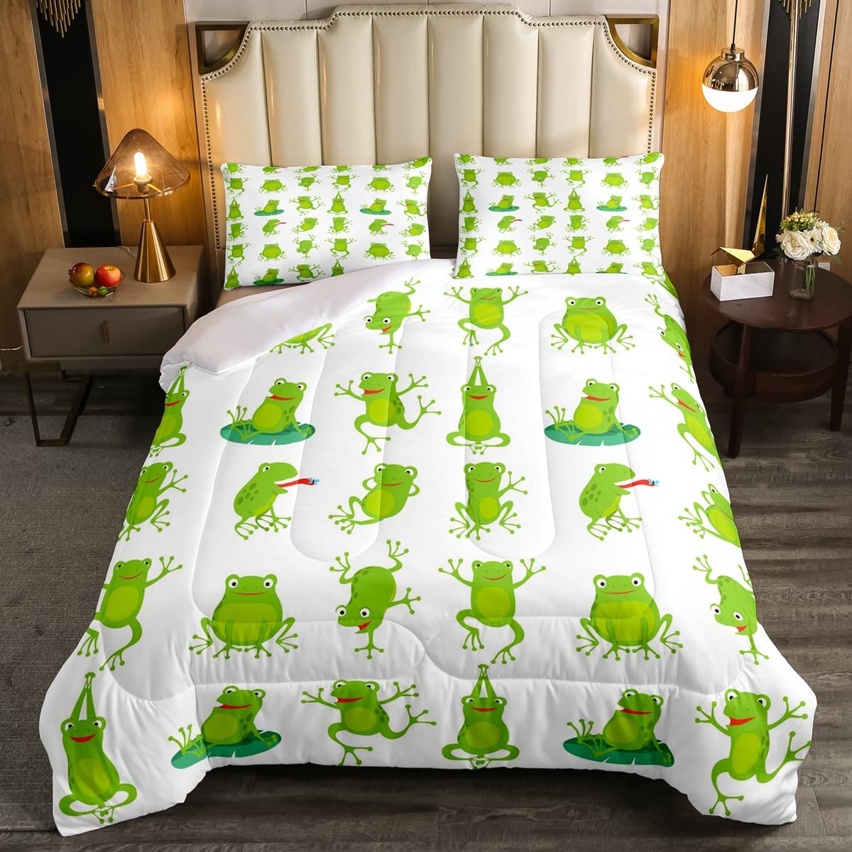 Frog Kids Cute Green Frogs Duvet Set Boys Girls Kawaii Funny Animal Bedding Set Microfiber Nature Duvet Insert Double Size