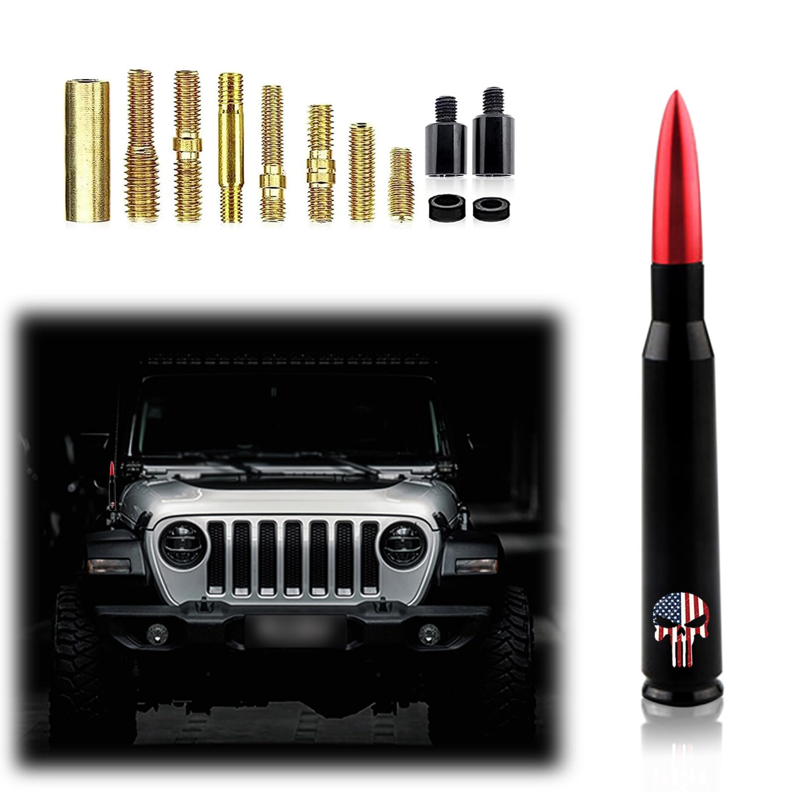1 PC Car Bullet Antenna, American Flag Skull AM/FM RadioReceiving Antenna Replacement, Threaded Mounting with Screw Accessories, Compatible with Ford F150 Wrangler Jeep Chevrolet (Red)