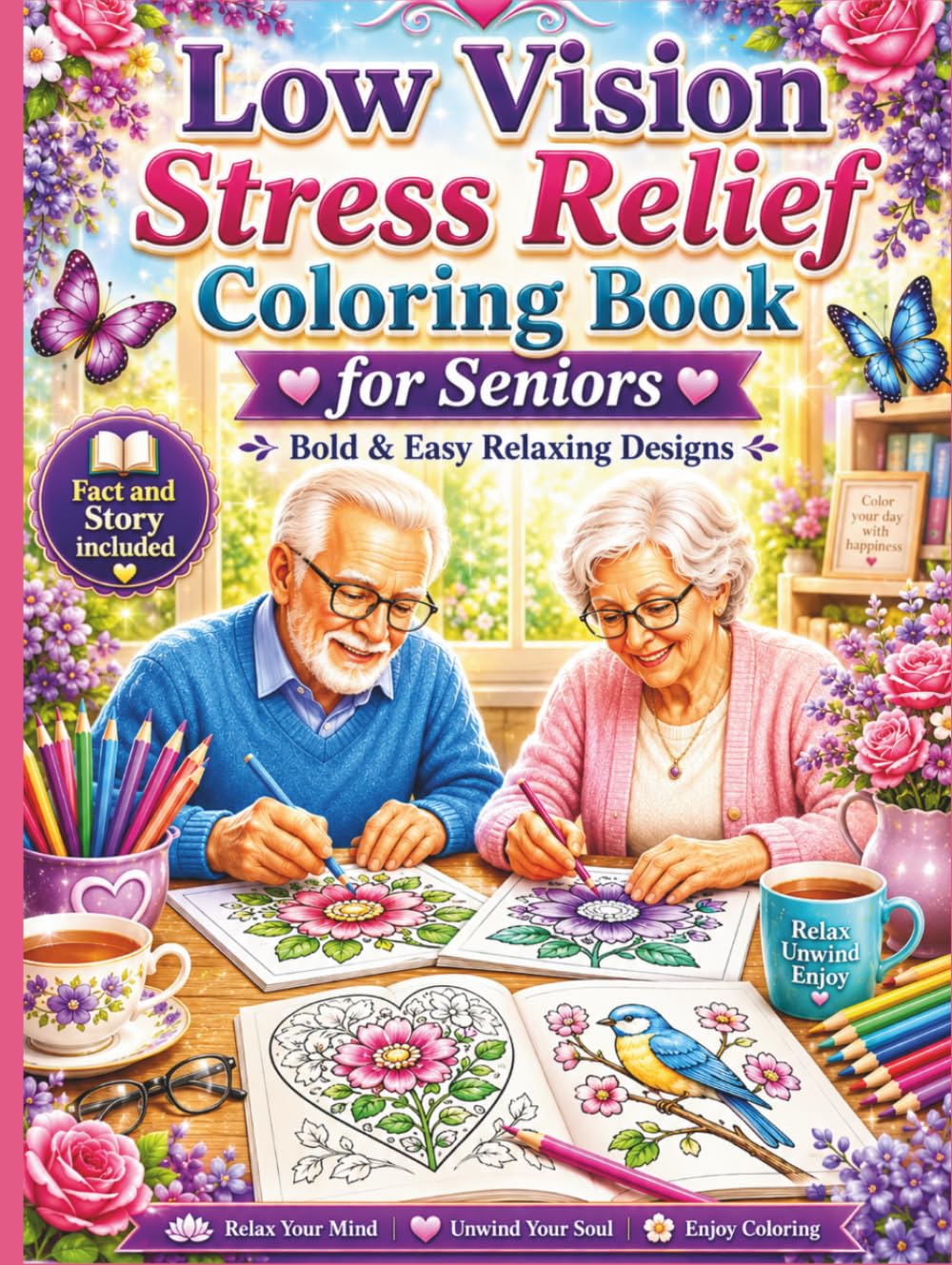 Low Vision Stress Relief Coloring Book for Seniors: Bold and Easy Relaxing Designs for Calm, Creativity, and Mindfulness: 50 Large Print Coloring ... Adults with Low Vision, and Stress Relief