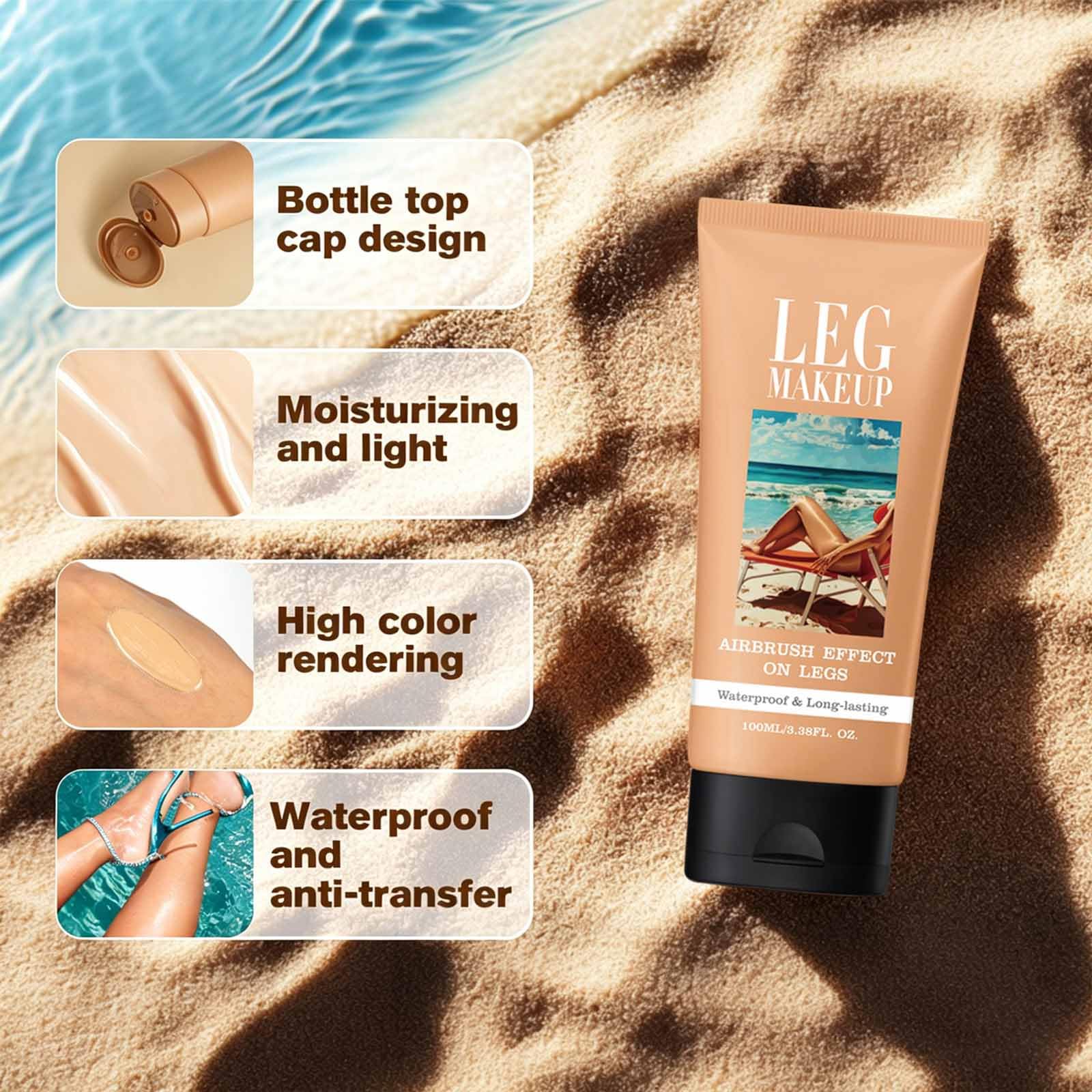 Fond de Teint Couvrance Corps Waterproof avec Pinceau,Maquillage Jambes et Corps Correcteur Longue Tenue Tattoo Cover Up Makeup,Flawless Looking Bronze Skin,Medium Golw 100ML